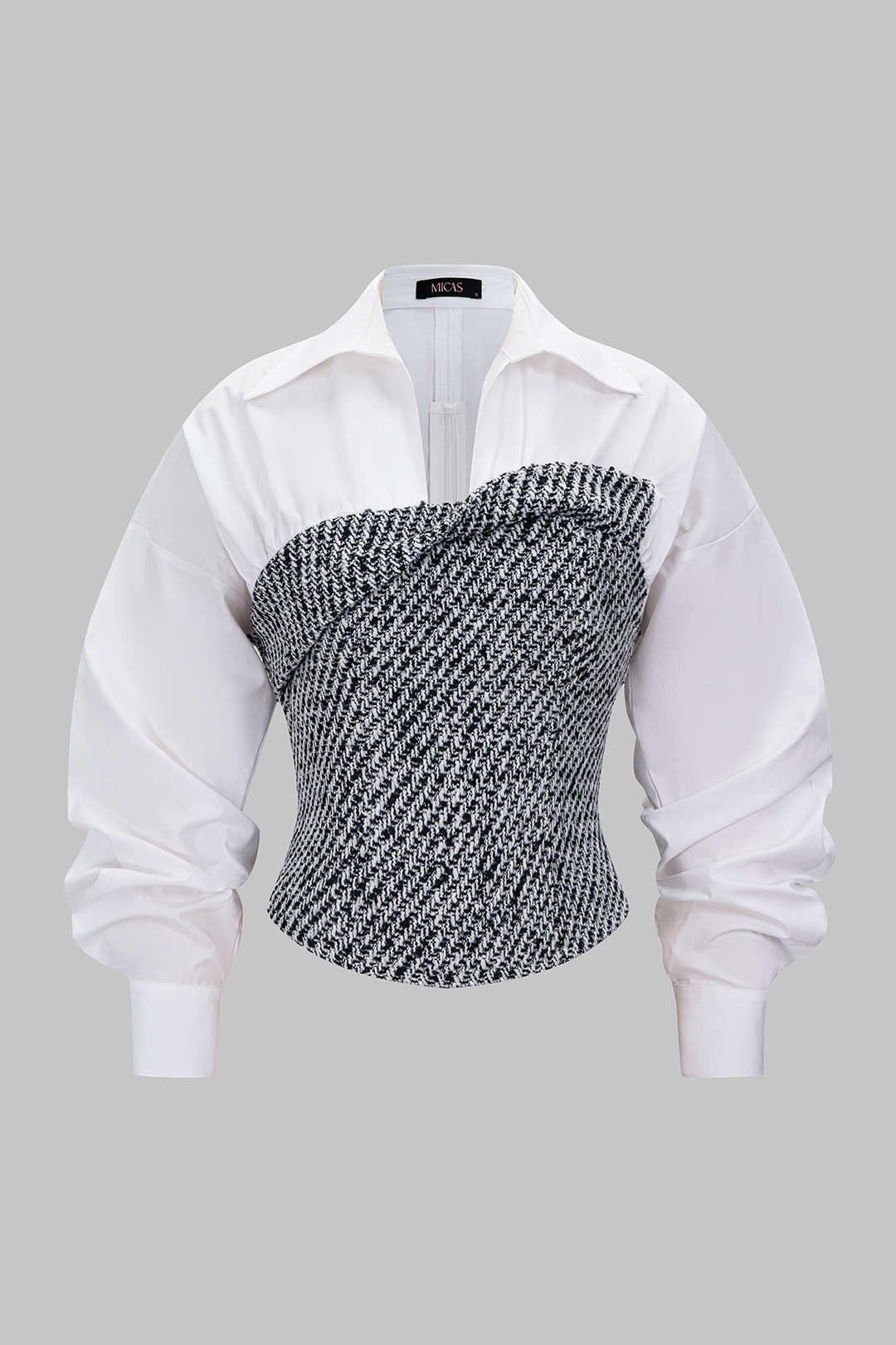 Tweed Patchwork Asymmetrical Gigot Long-Sleeve Shirt - Weenar