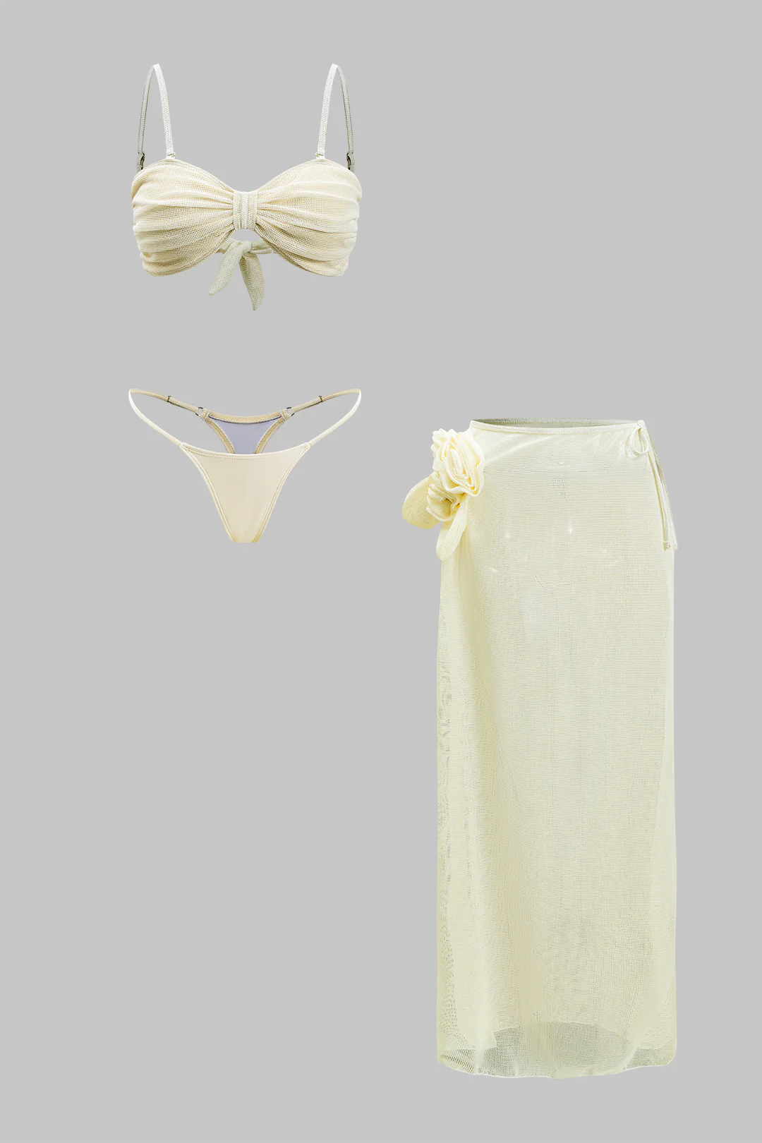 3PC 3D Floral Decor Tie Up Cut Out Bikini Set - Weenar
