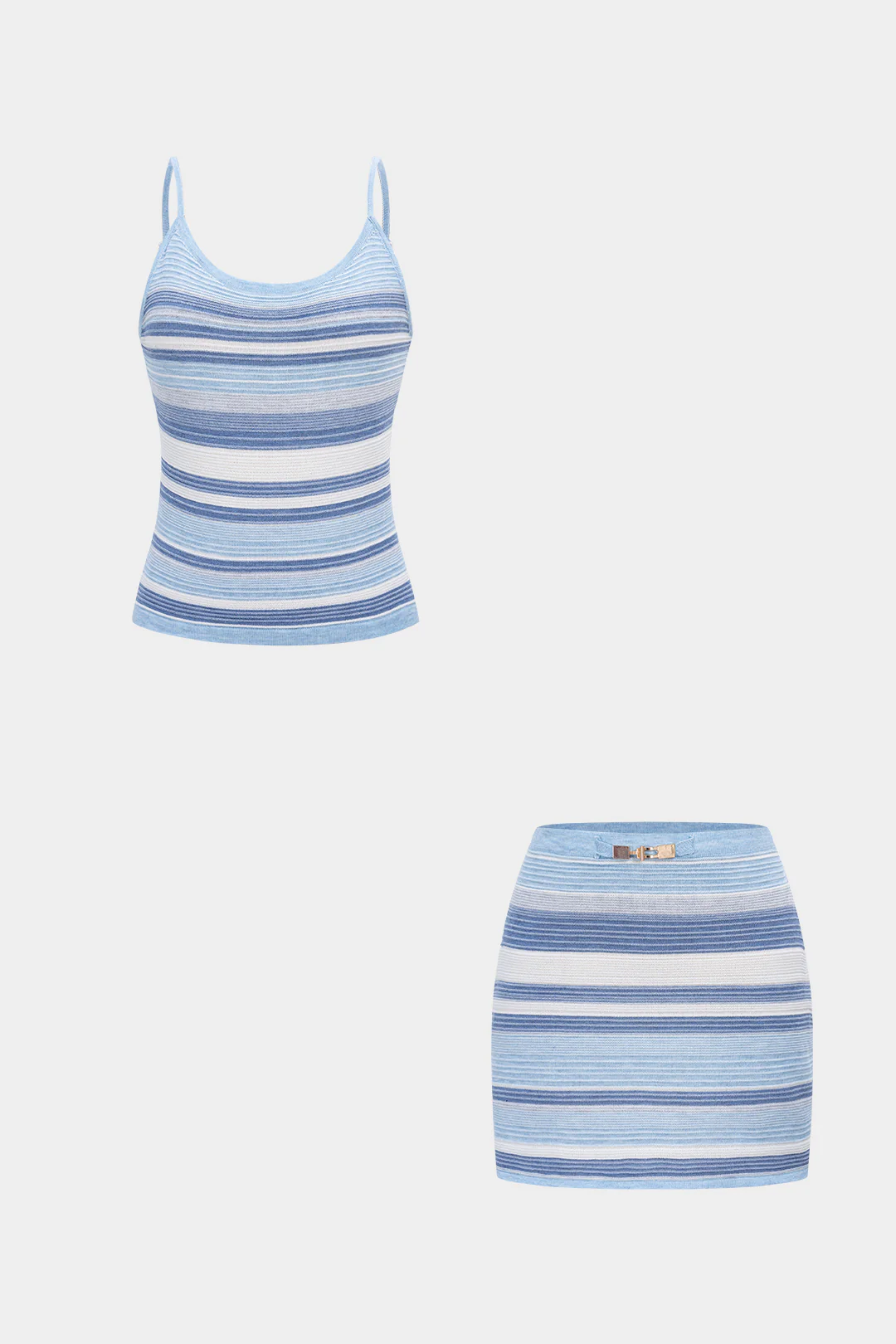 Knit Contrast Striped Round Neck Cami Top And Mini Skirt Set - Weenar