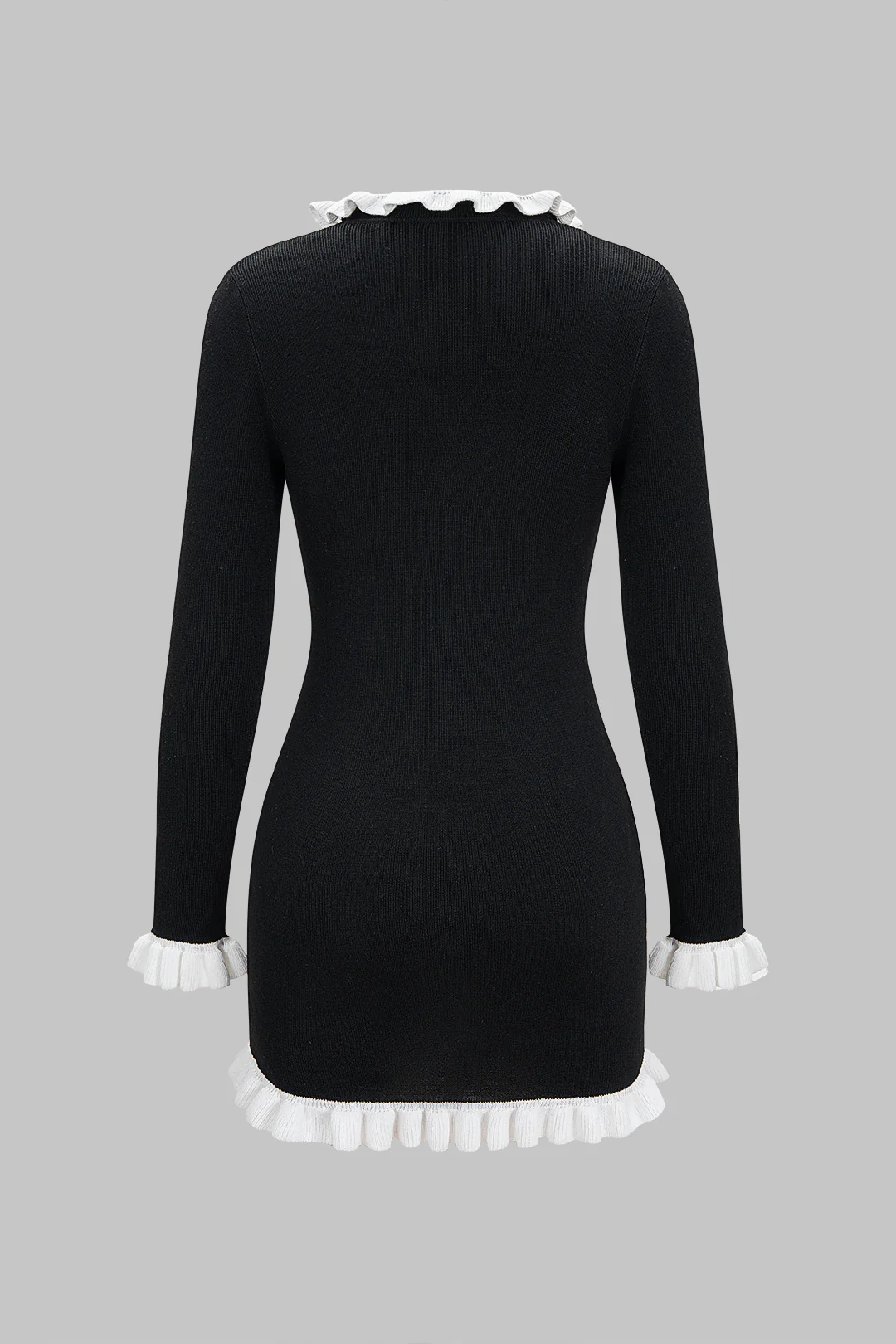 Knit Contrast Ruffels Button Long Sleeve Dress - Weenar