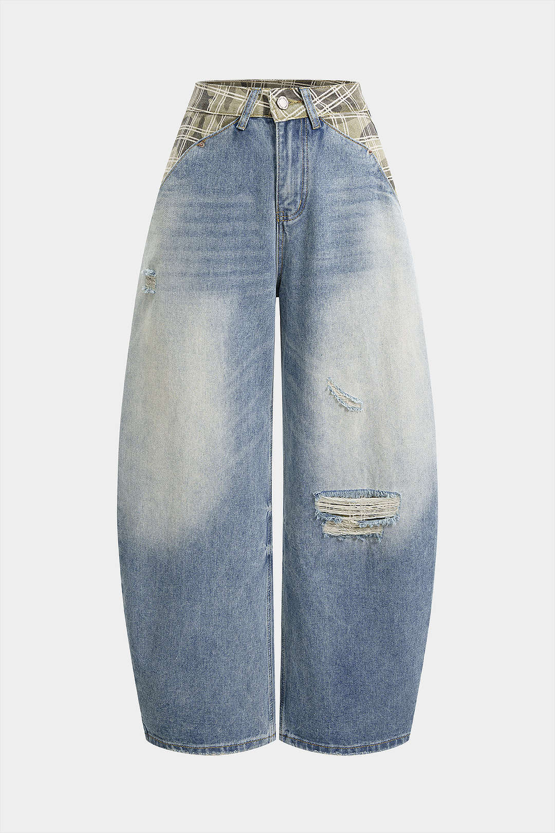 Denim Plaid Print Ripped Wide Leg Jeans - Weenar