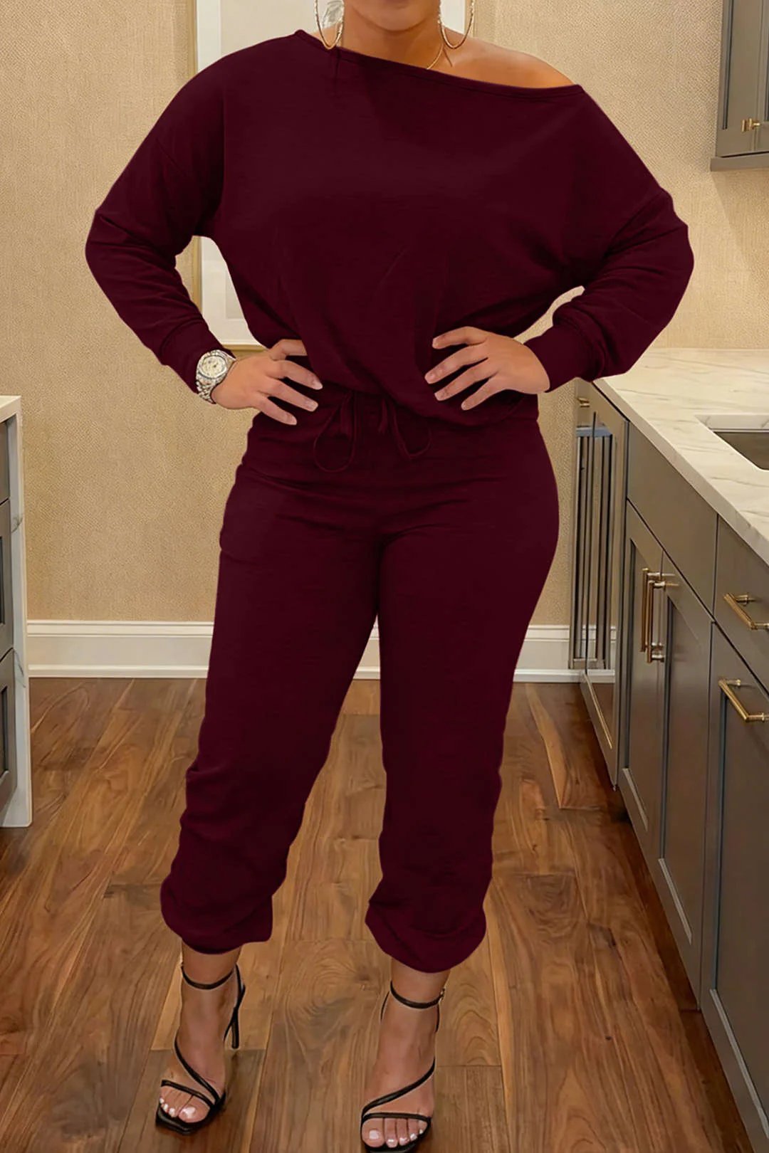 Plus Size Off-Shoulder Long-Sleeve Top And Drawstring Pants Set - Weenar