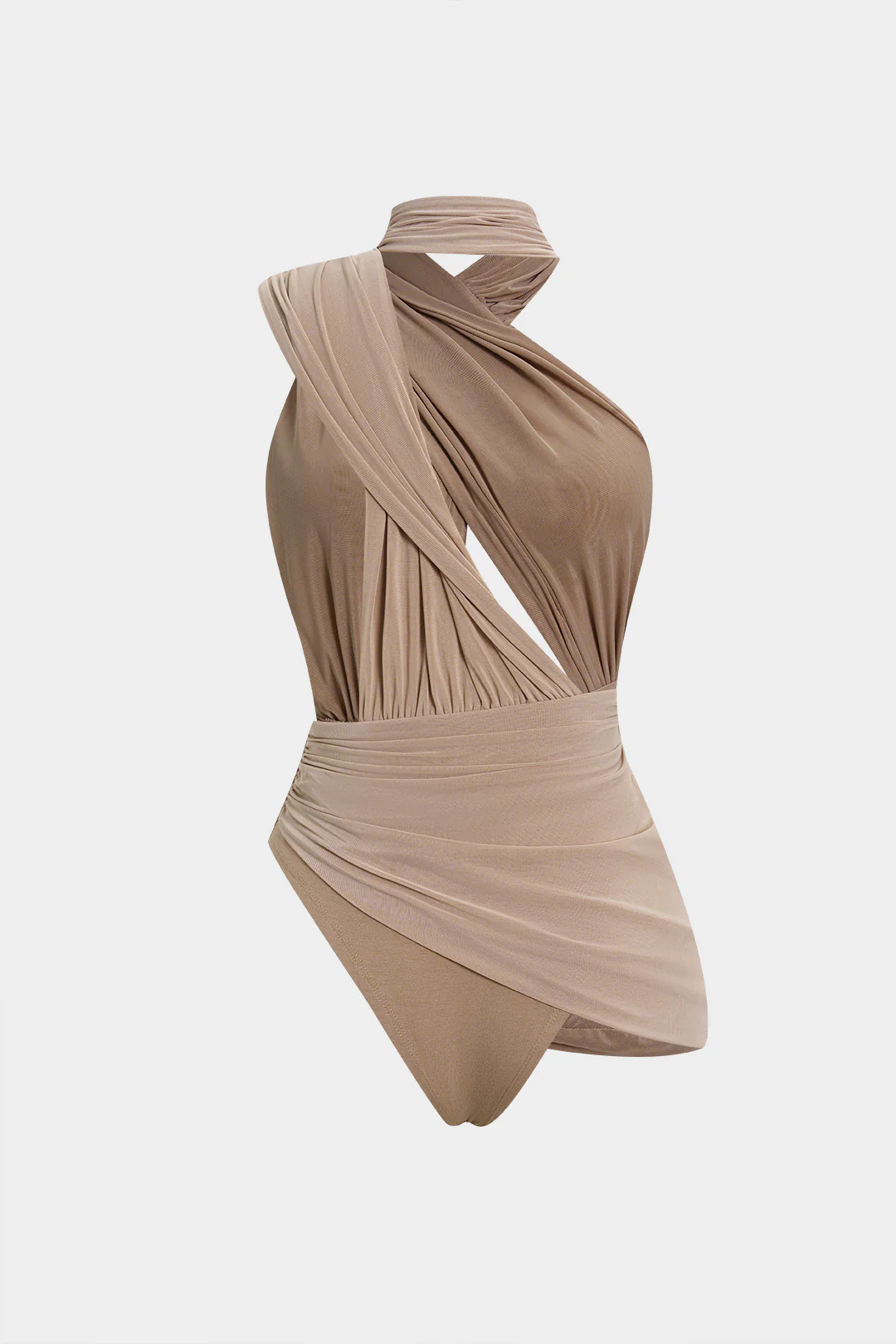 Mesh Asymmetrical Ruched Cut Out Bodysuit - Weenar