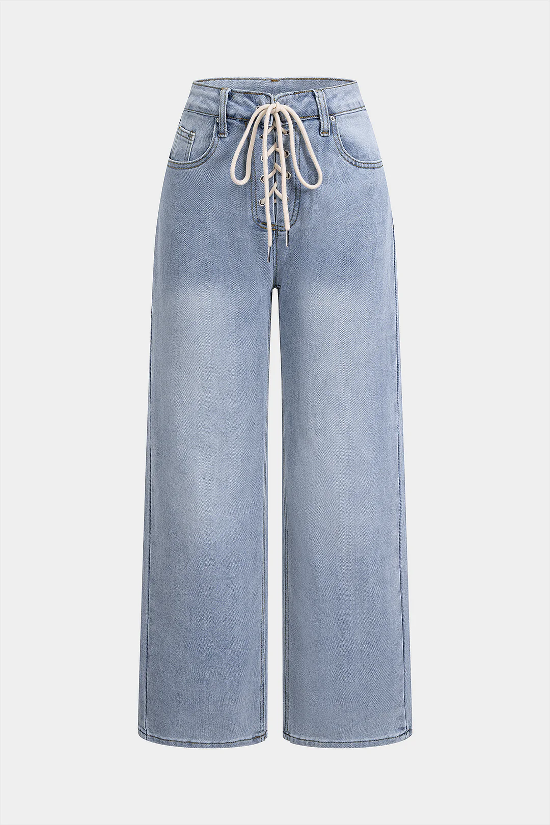 Denim Crossed Tie-Up Pocket Straight Leg Jeans - Weenar