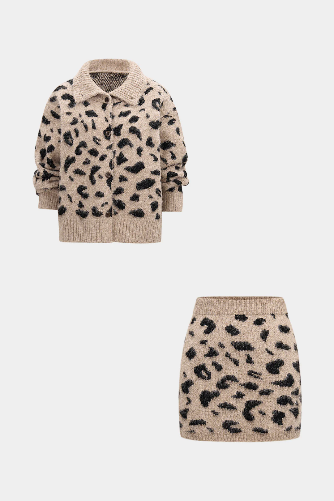 Knit Leopard Print Button Cardigan And Mini Skirt Set - Weenar