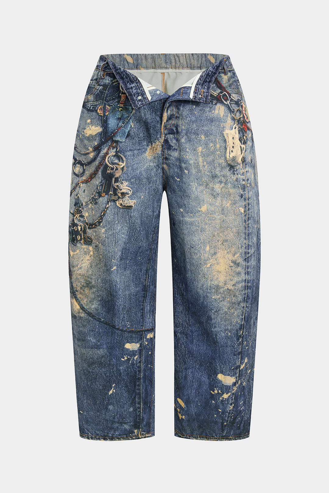 Plus Size Abstract Watercolor Print Button Pocket Trousers - Weenar