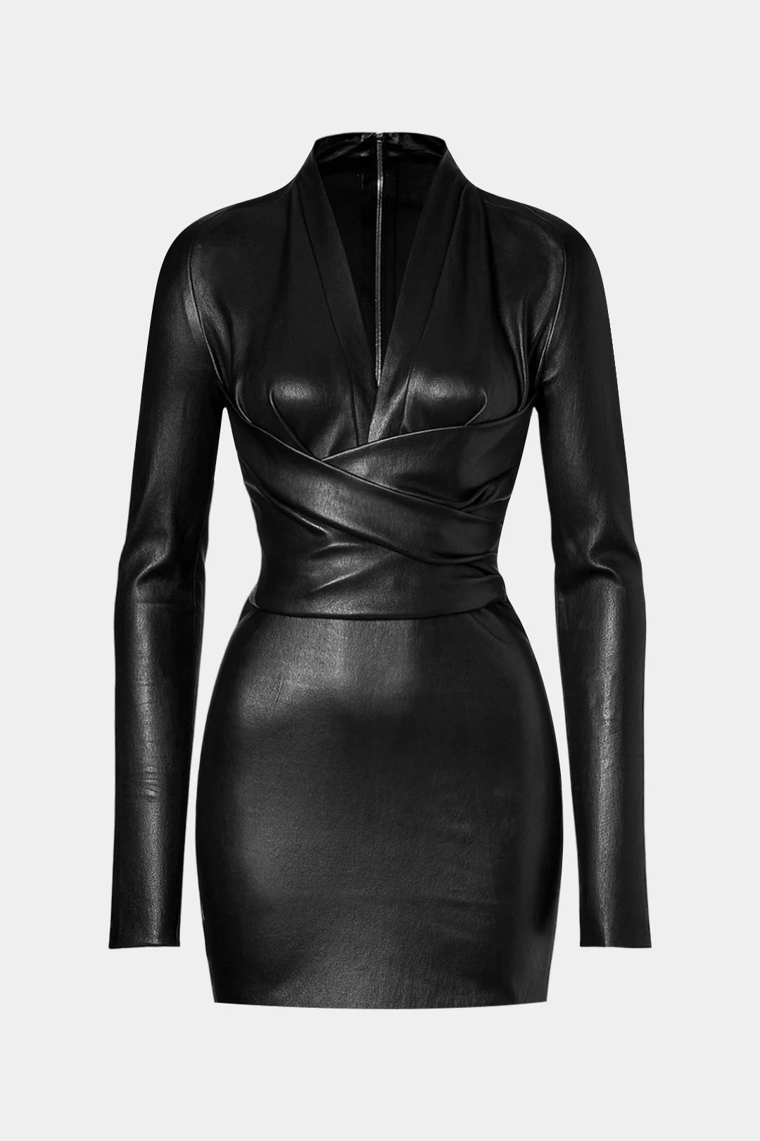 Faux Leather Crossed Ruched Long Sleeve Mini Dress - Weenar