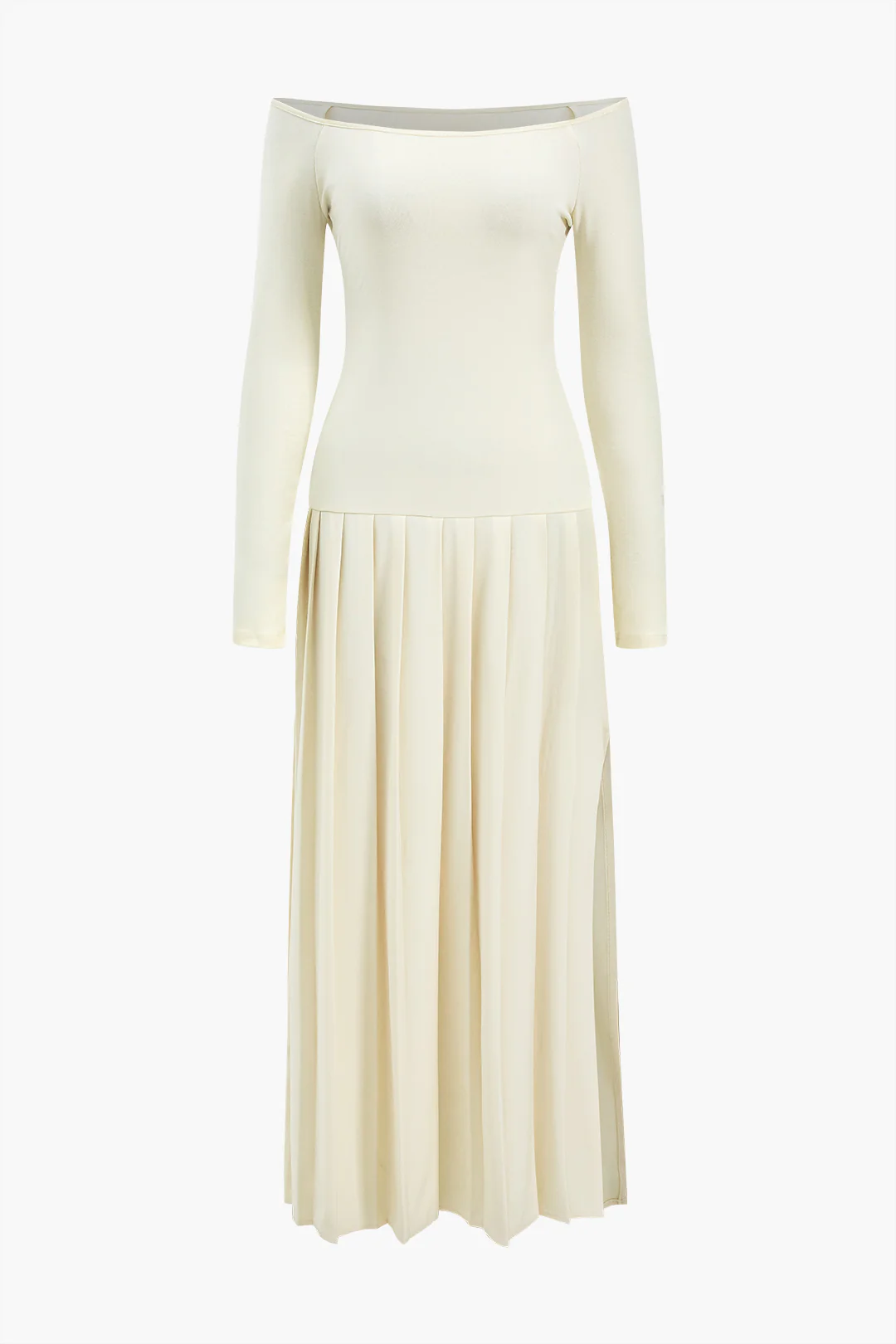 Pleated Off Shoulder Patchwork Side Slit Long Sleeve Maxi Dress - Weenar
