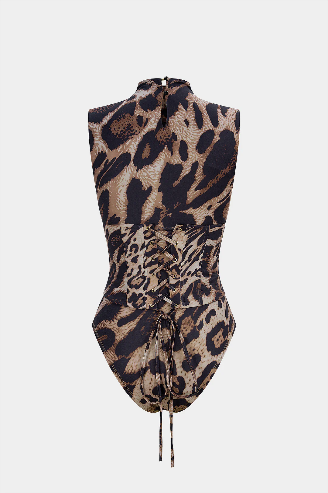 Leopard Print Sleeveless Bodysuit With Lace-Up Corset - Weenar