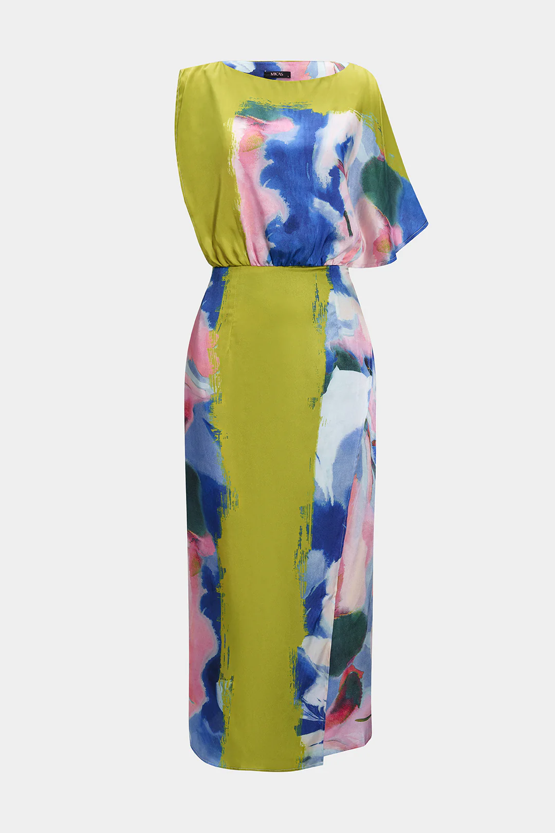 Abstract Print Satin Asymmetrical Short-Sleeve Maxi Dress - Weenar