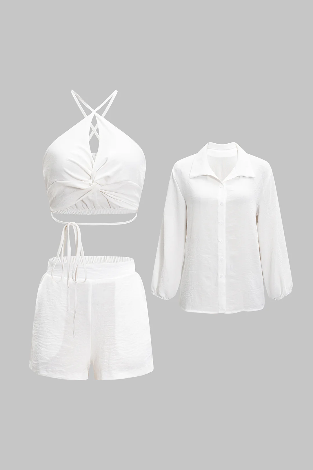 Solid Tie-Up Cut Out Cropped Top And Long Sleeve Shirt And Wide Leg Shorts Set - Weenar