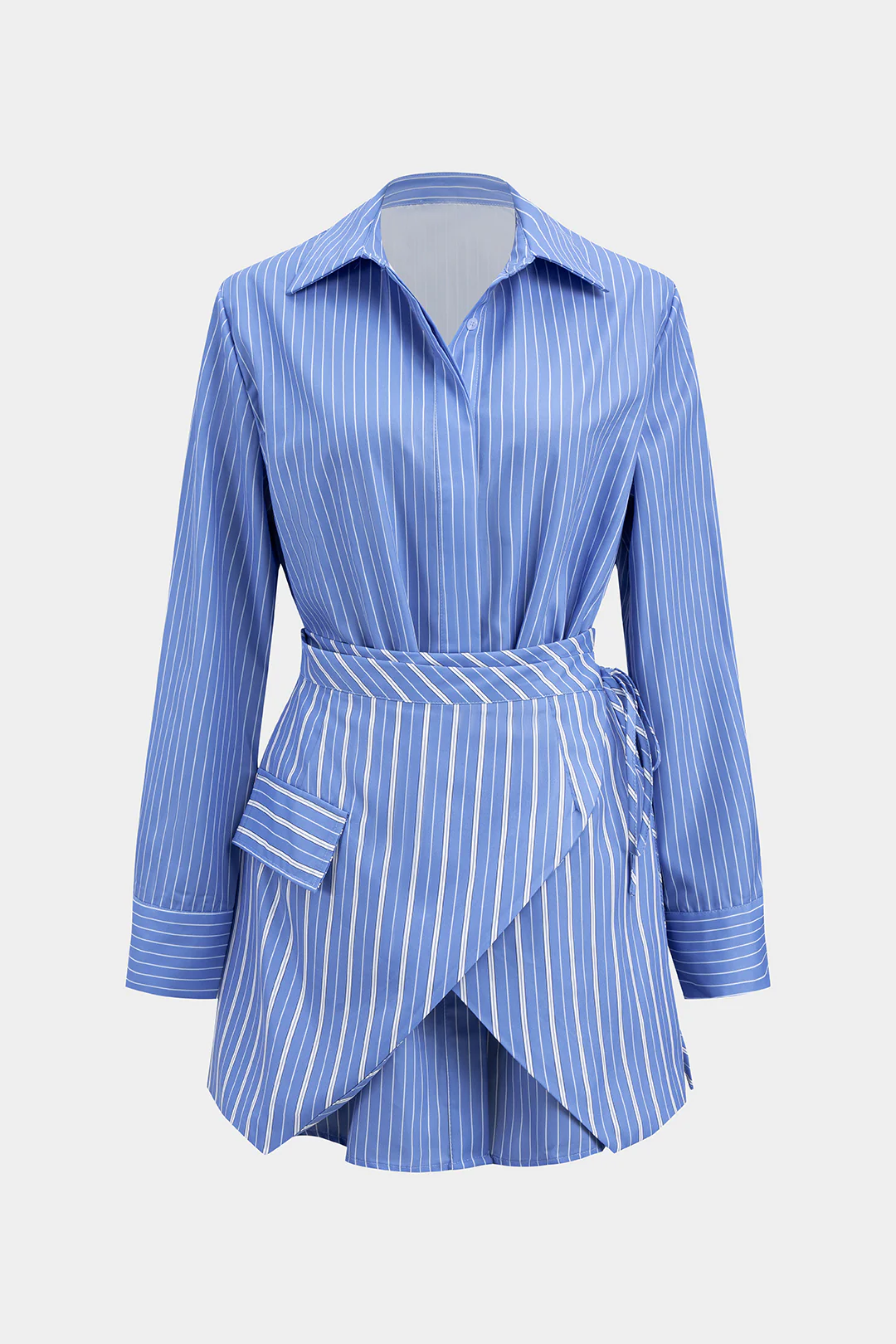Stripes Print Button Long Sleeve Shirt And Tie-Up Skirt Set - Weenar