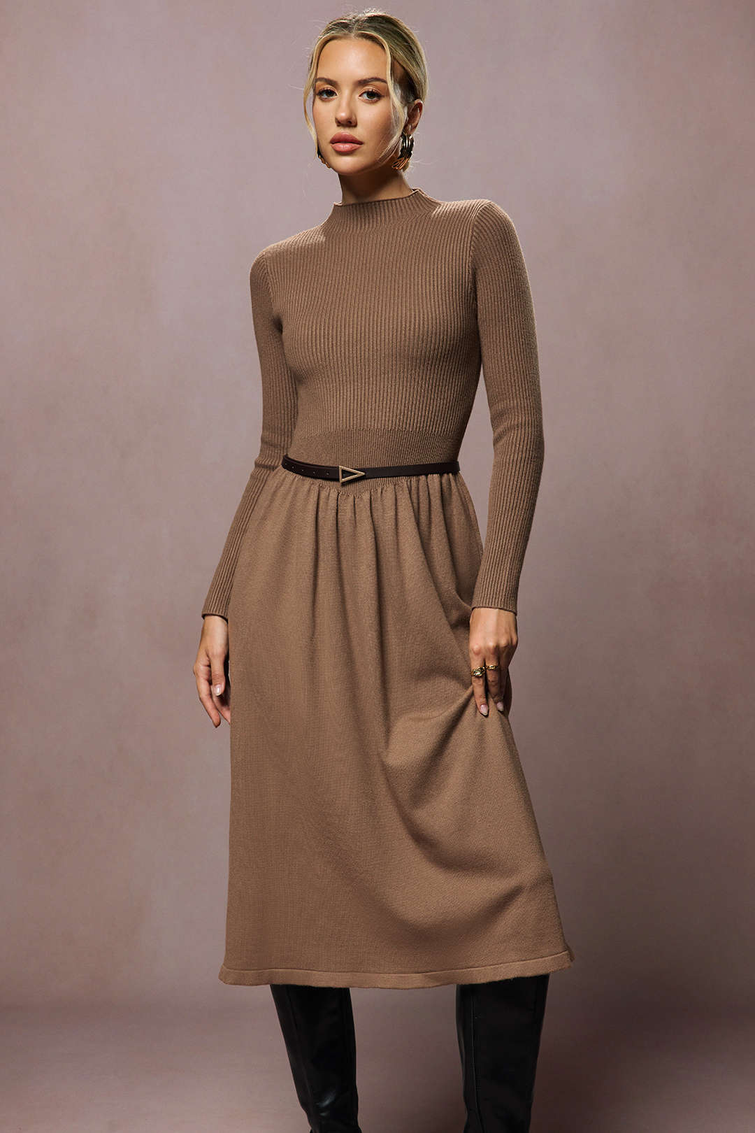 Knit Ruched High-Waisted Long Sleeve Dress - Weenar