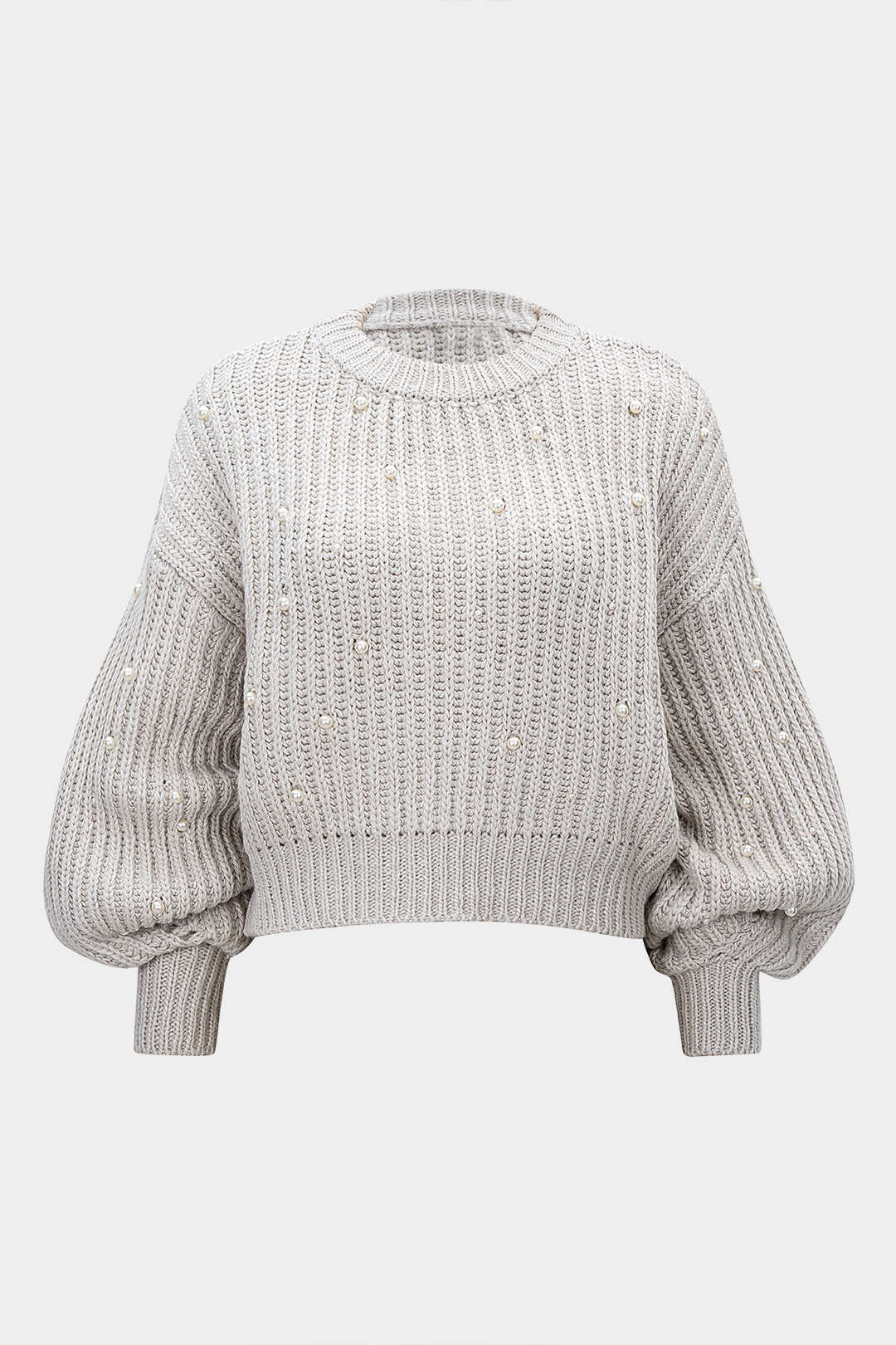 Knit Beaded Decor Round Neck Long-Sleeve Top - Weenar