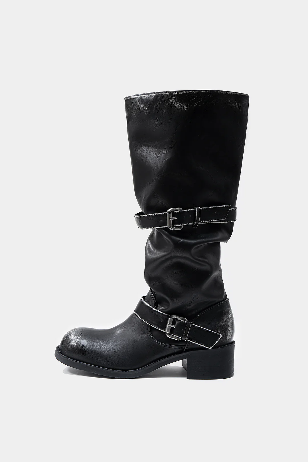 Leather Metallic Buckle Mid Calf Boots - Weenar