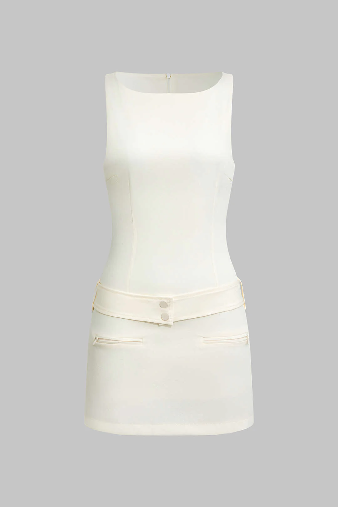 Solid Belted Pocket Zipper Sleeveless Mini Dress - Weenar