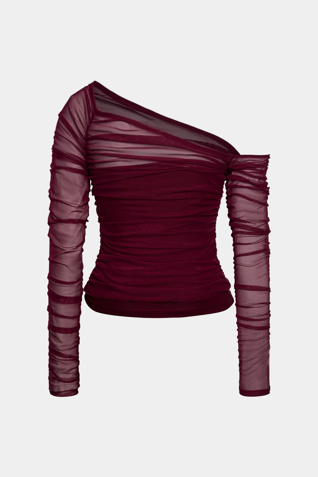 Mesh One-Shoulder Ruched Long-Sleeve Top - Weenar