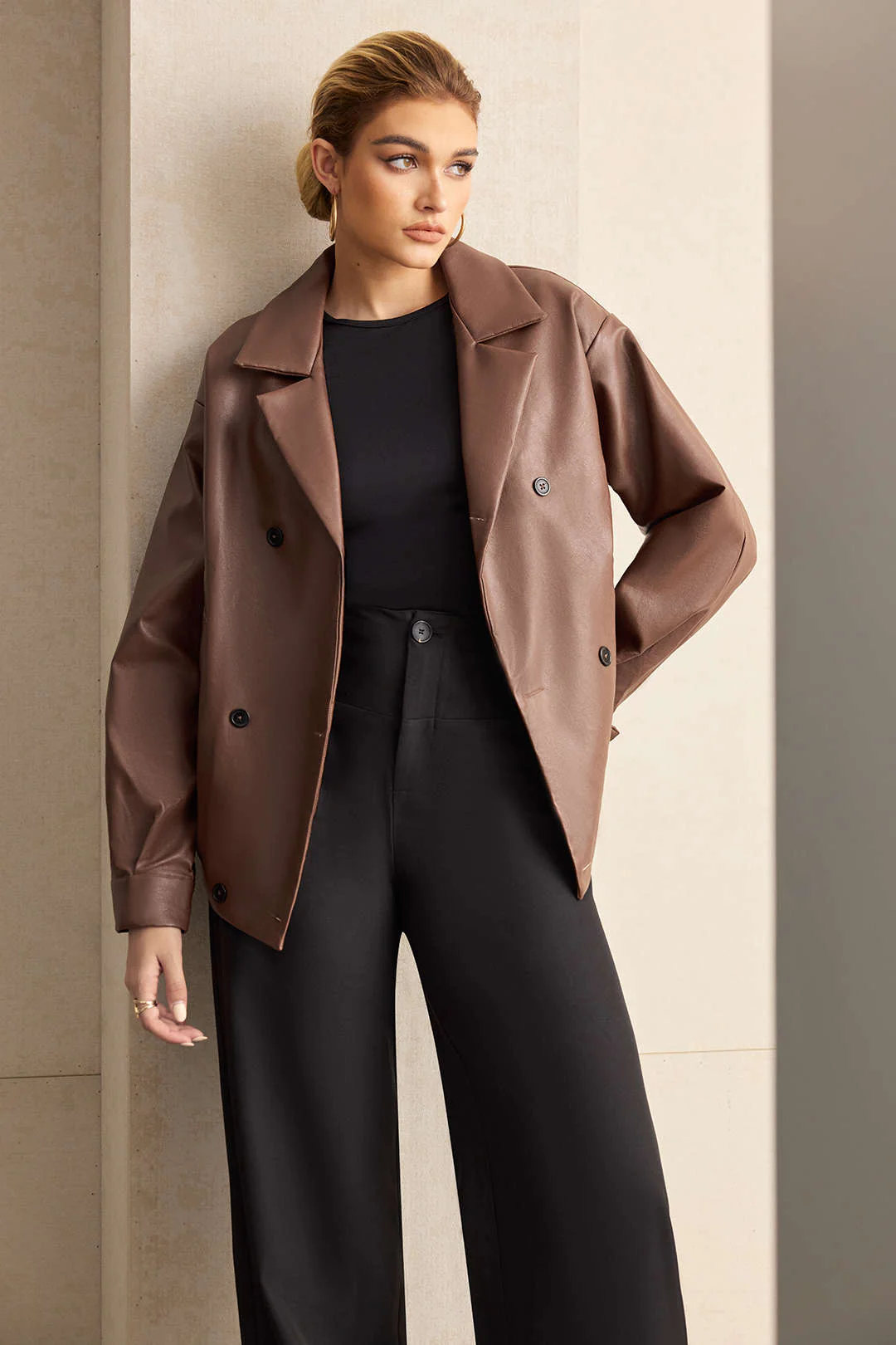 Faux Leather Notched Lapel Blazer - Weenar
