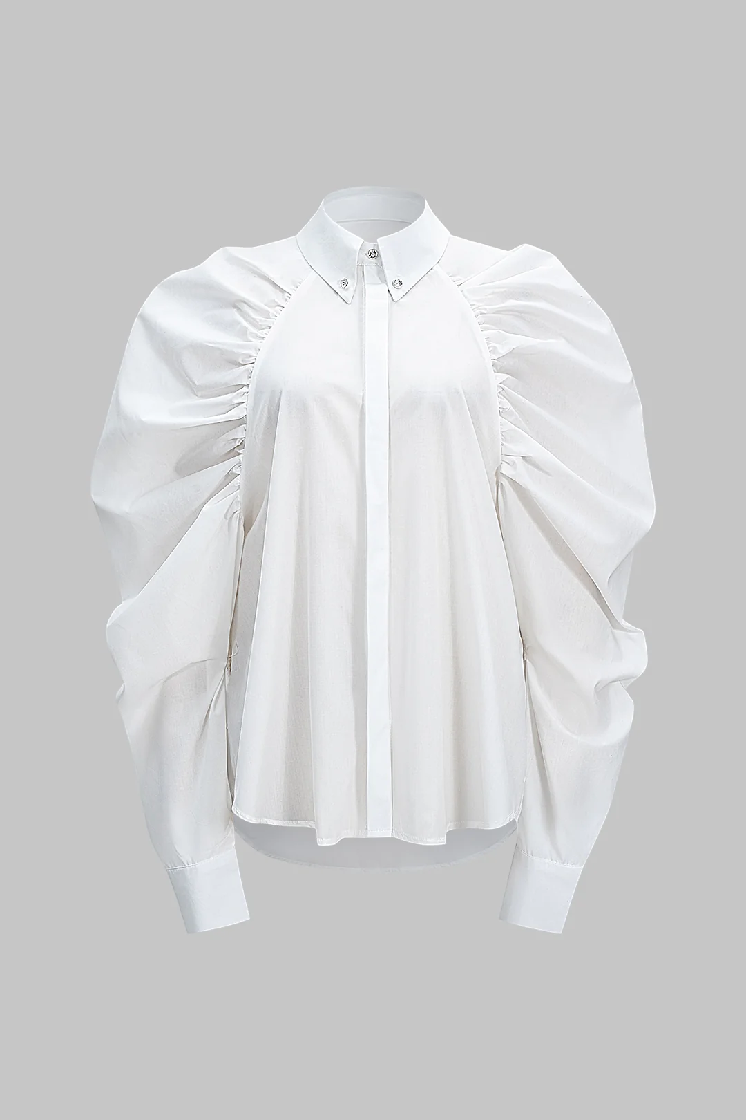 Solid Ruched Button Puff Sleeve Shirt - Weenar