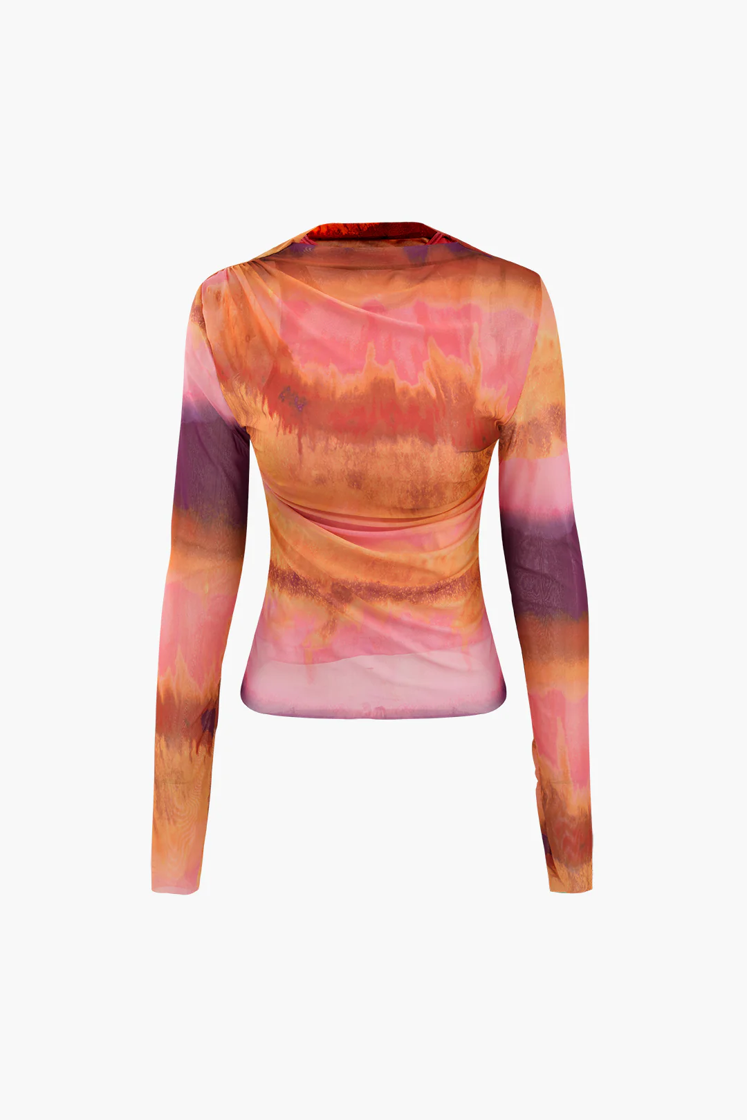 Mesh Contrast Print Ruched Long-Sleeve Top - Weenar