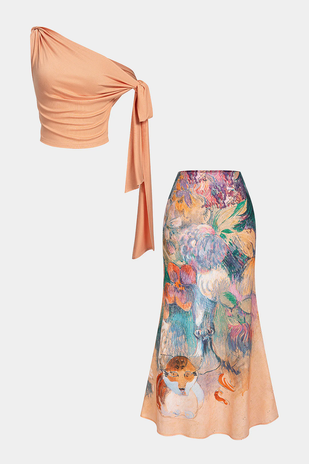 Linen Patchwork One Shoulder Tie-Up Tank Top And Floral Print Skirt Set - Weenar