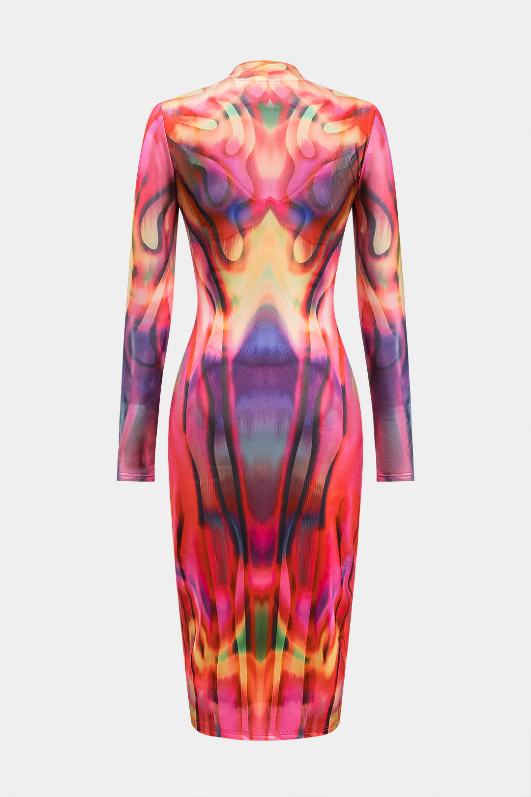 Colorblock Print Mock Neck Long-Sleeve Midi Dress - Weenar
