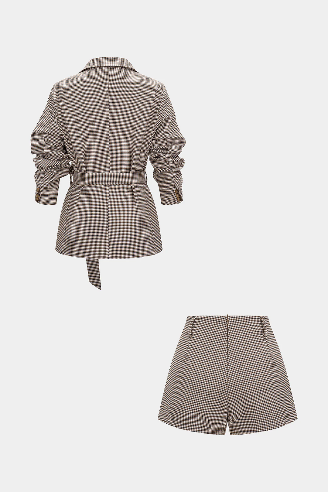 Plaid Print Notched Lapel Belted Jacket And Shorts Set - Weenar