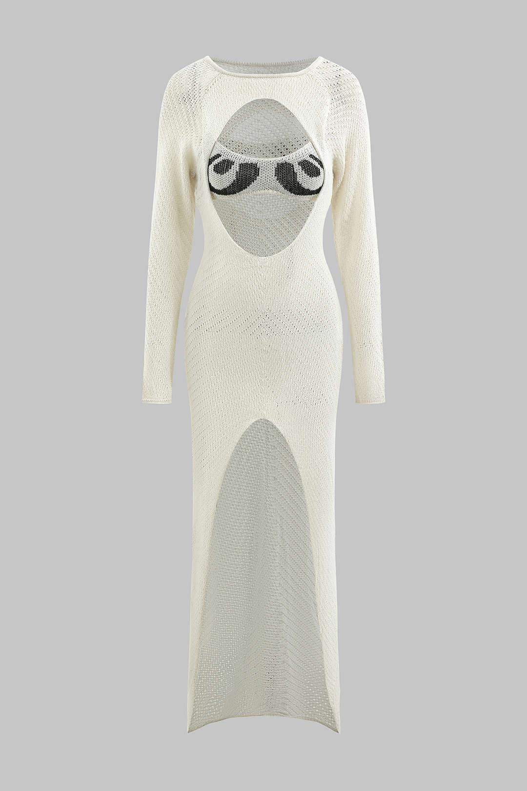 Knit Contrast Cut Out Slit Long Sleeve Dress - Weenar