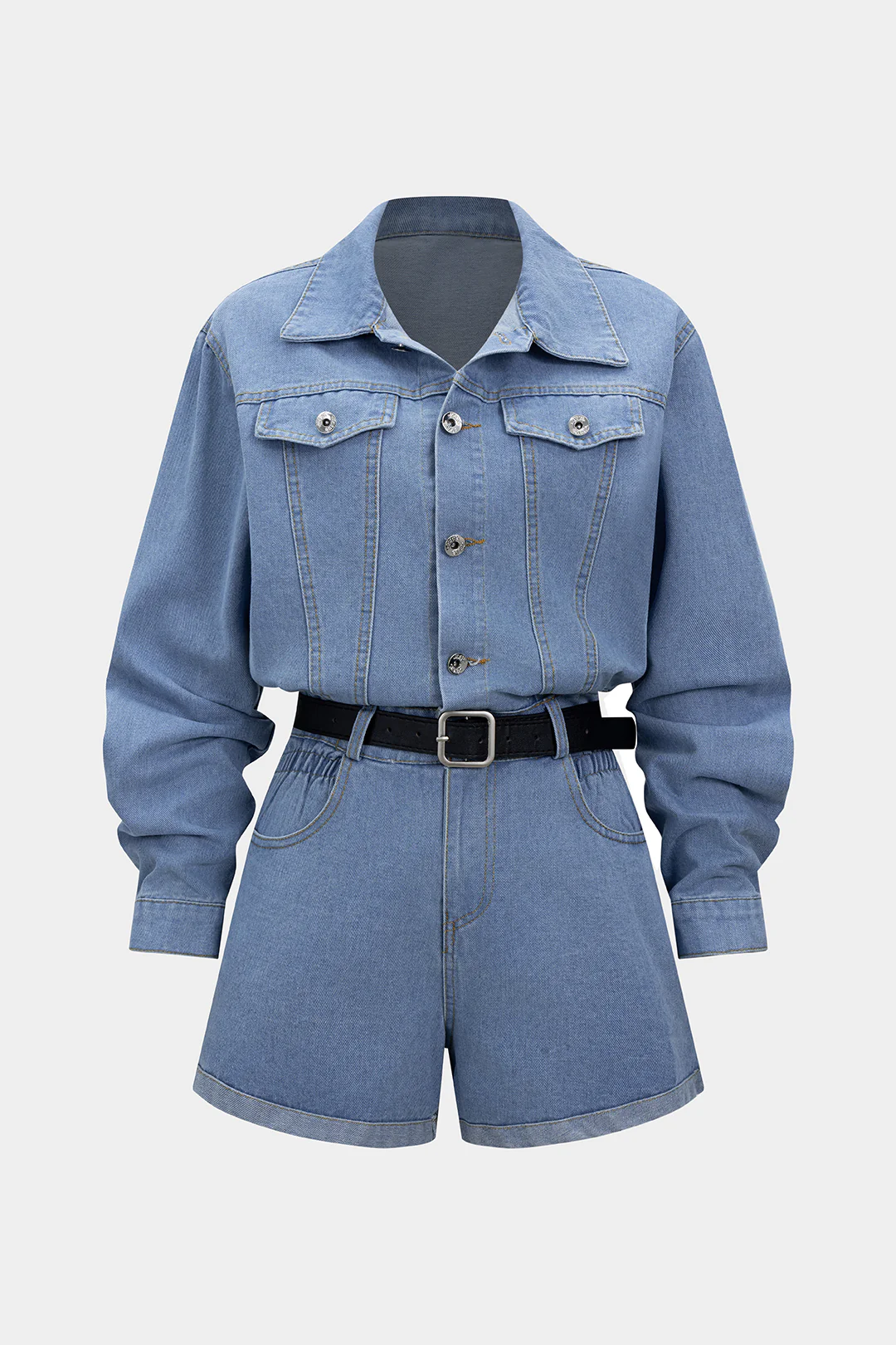 Denim Button Belted Long Sleeve Romper - Weenar