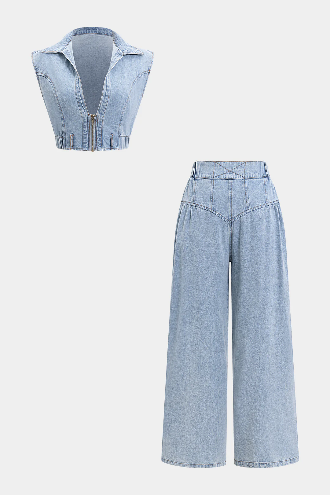 Denim V-Neck Zipper Tank Top And Jeans Set - Weenar