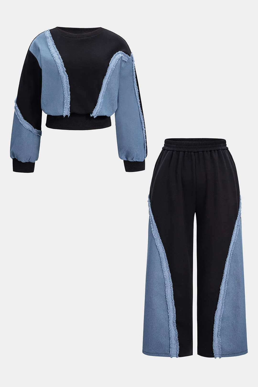 Plus Size Denim Patchwork Long-Sleeve Top And High Waist Wide Leg Trousers Set - Weenar
