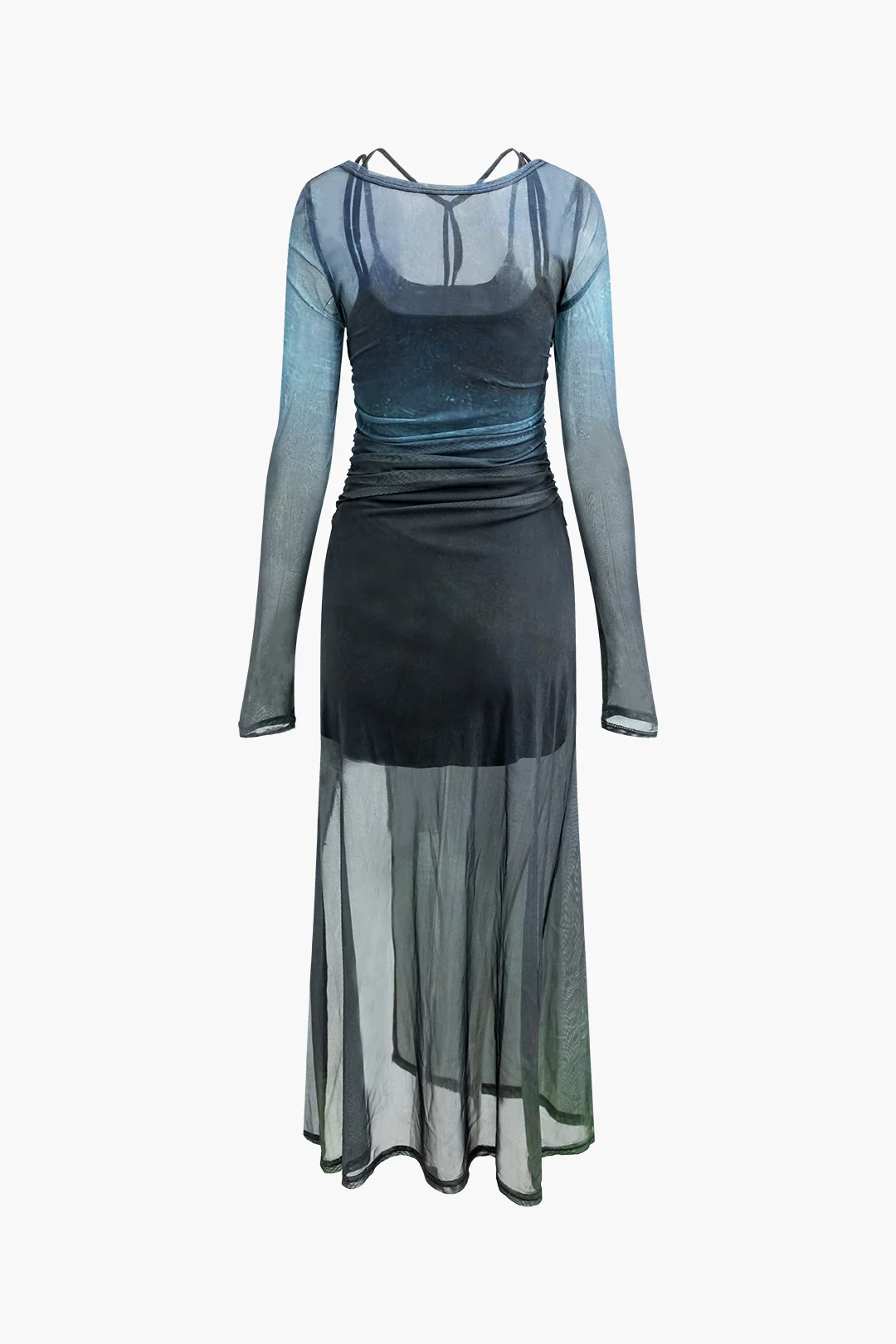 Mesh Contrast Print Asymmetrical Ruched Slit Long Sleeve Midi Dress - Weenar