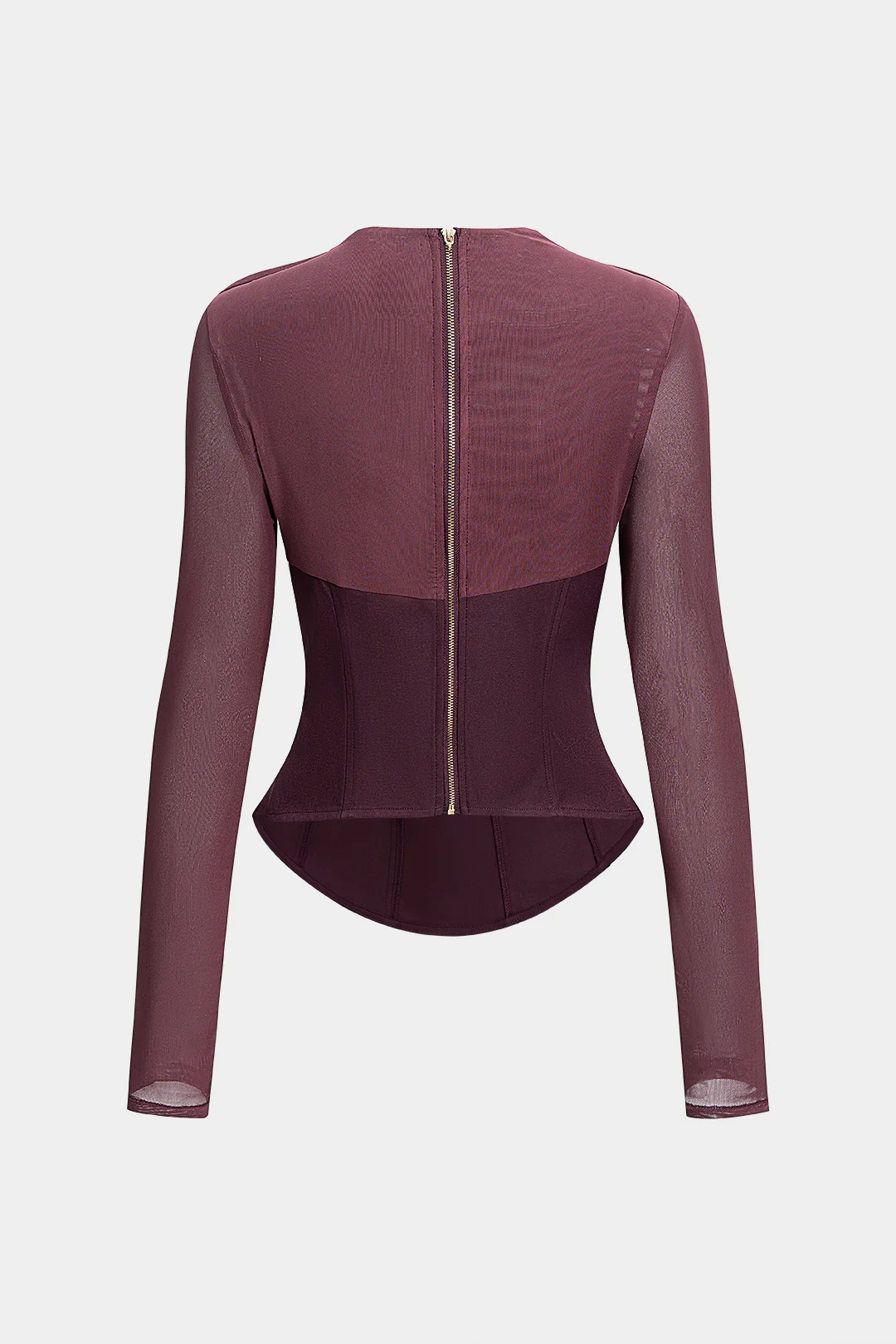 Mesh Patchwork Asymmetrical Ruched Long-Sleeve Top - Weenar