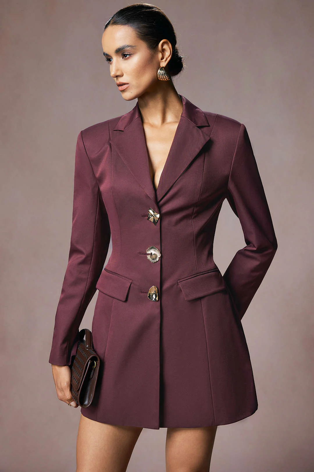 Notched Lapel Irregular Button Long-Sleeve Mini Dress - Weenar