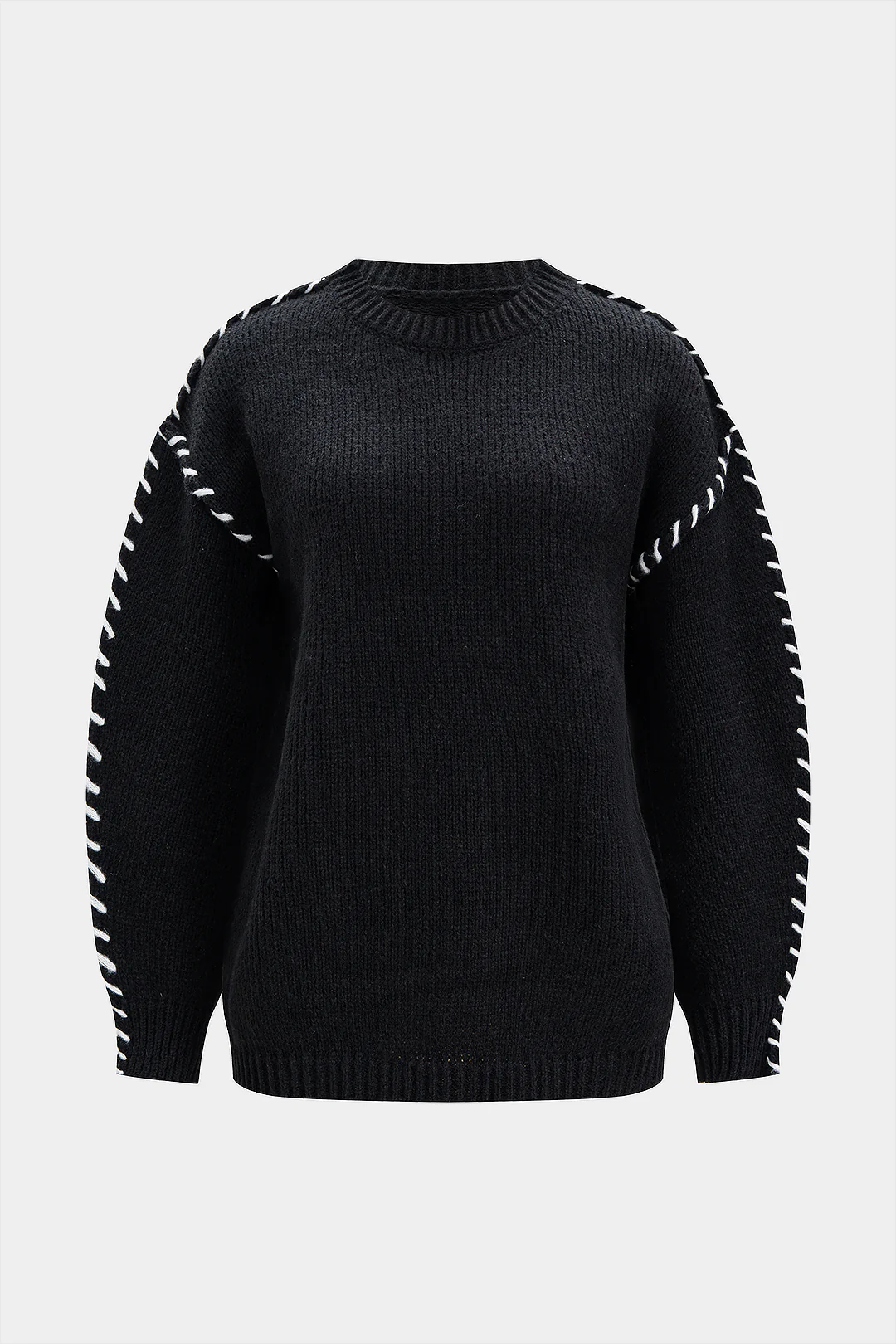 Knit Round Neck Contrast Long-Sleeve Top - Weenar