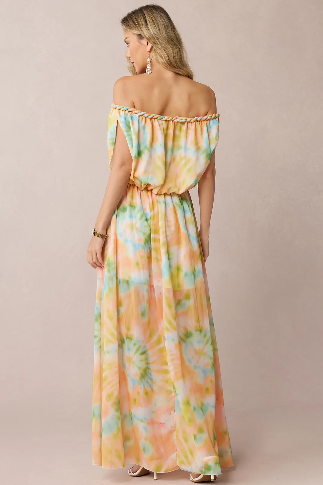 Tie Dye Print Chiffon Off Shoulder Twist Knot Ruched Sleeveless Maxi Dress - Weenar