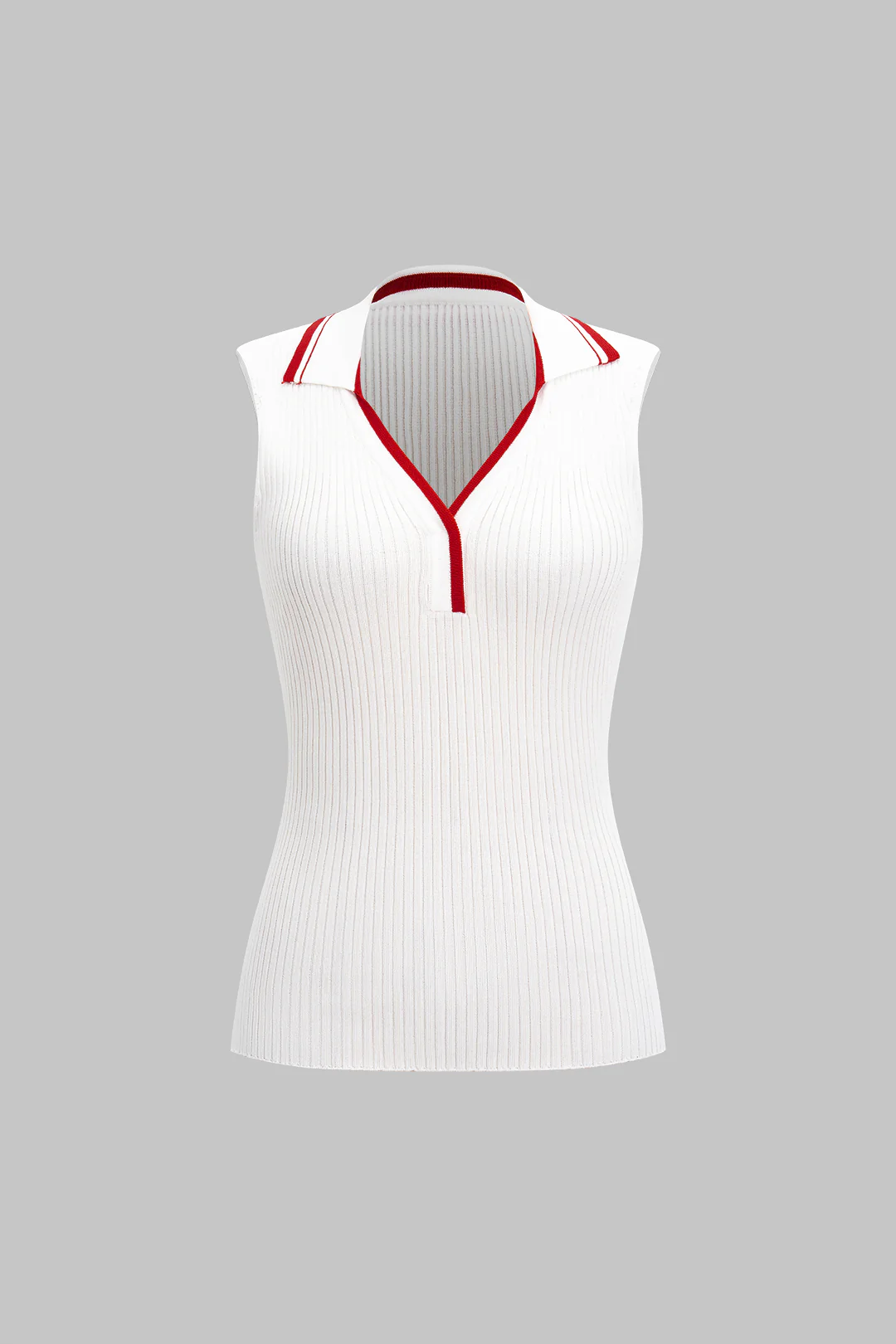Knit Contrast Binding Polo Collar Ribbed Tank Top - Weenar