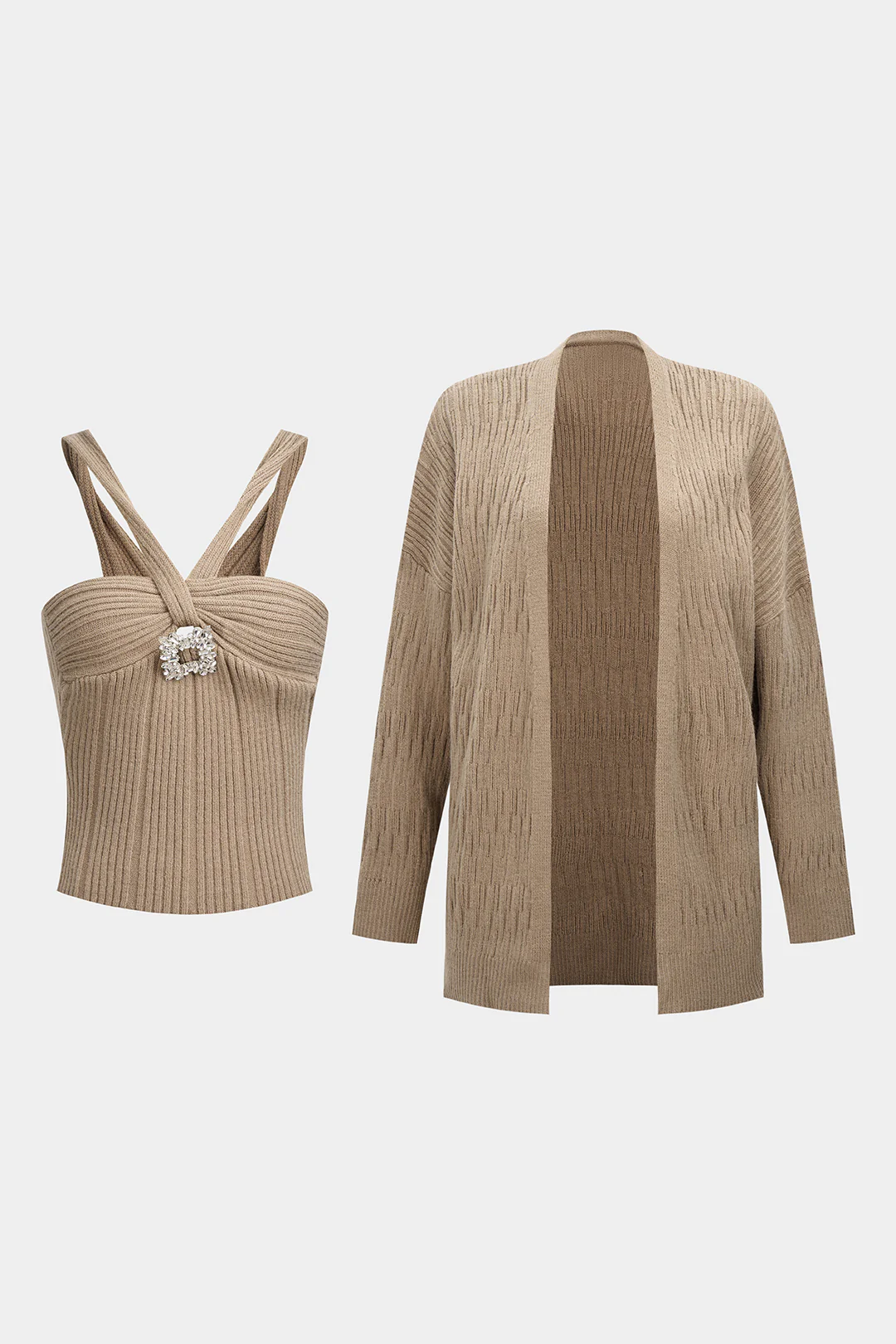 Knit Rhinestone Decor Crossed Cami Top And Cardigan Set - Weenar