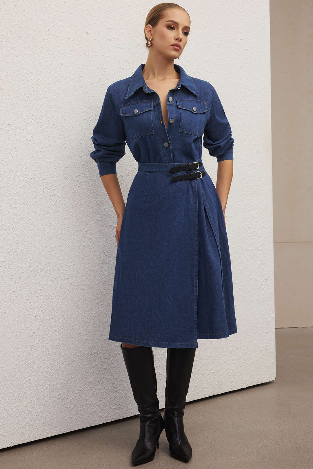 Denim Button Belted Long Sleeve Dress - Weenar