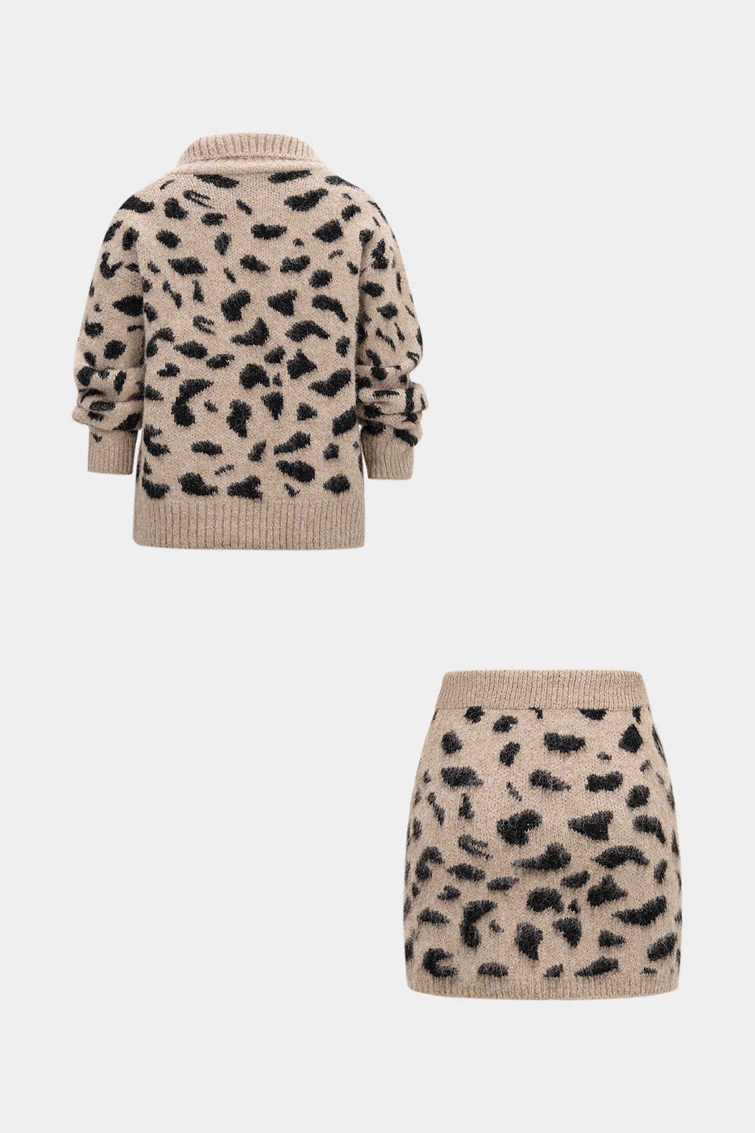 Knit Leopard Print Button Cardigan And Mini Skirt Set - Weenar