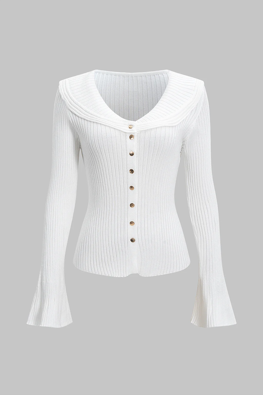 Ribbed Button Bell Sleeve Long-Sleeve Sweater Top - Weenar