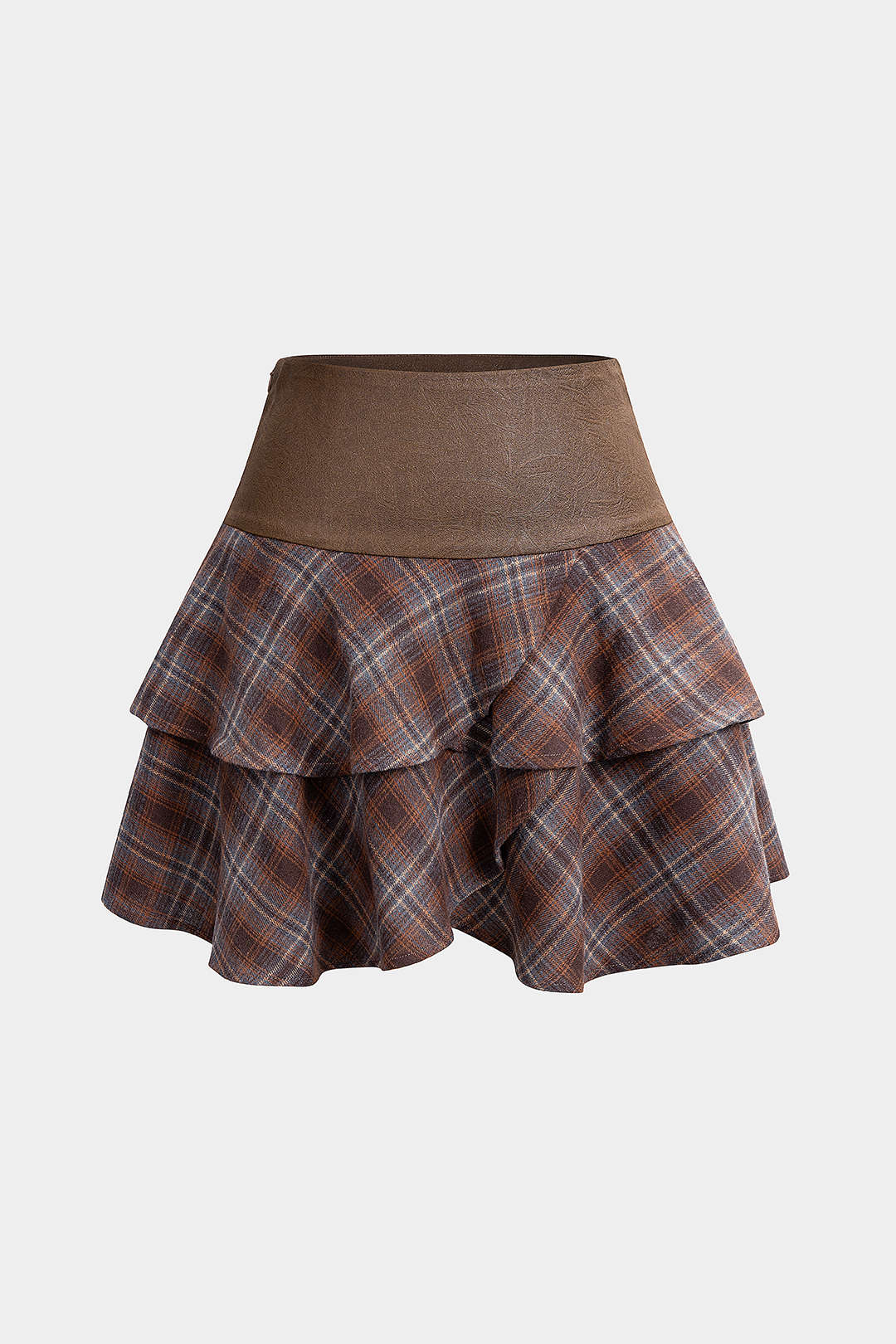 Plaid Print Faux Leather Patchwork Layered Ruffle Hem Skirt - Weenar