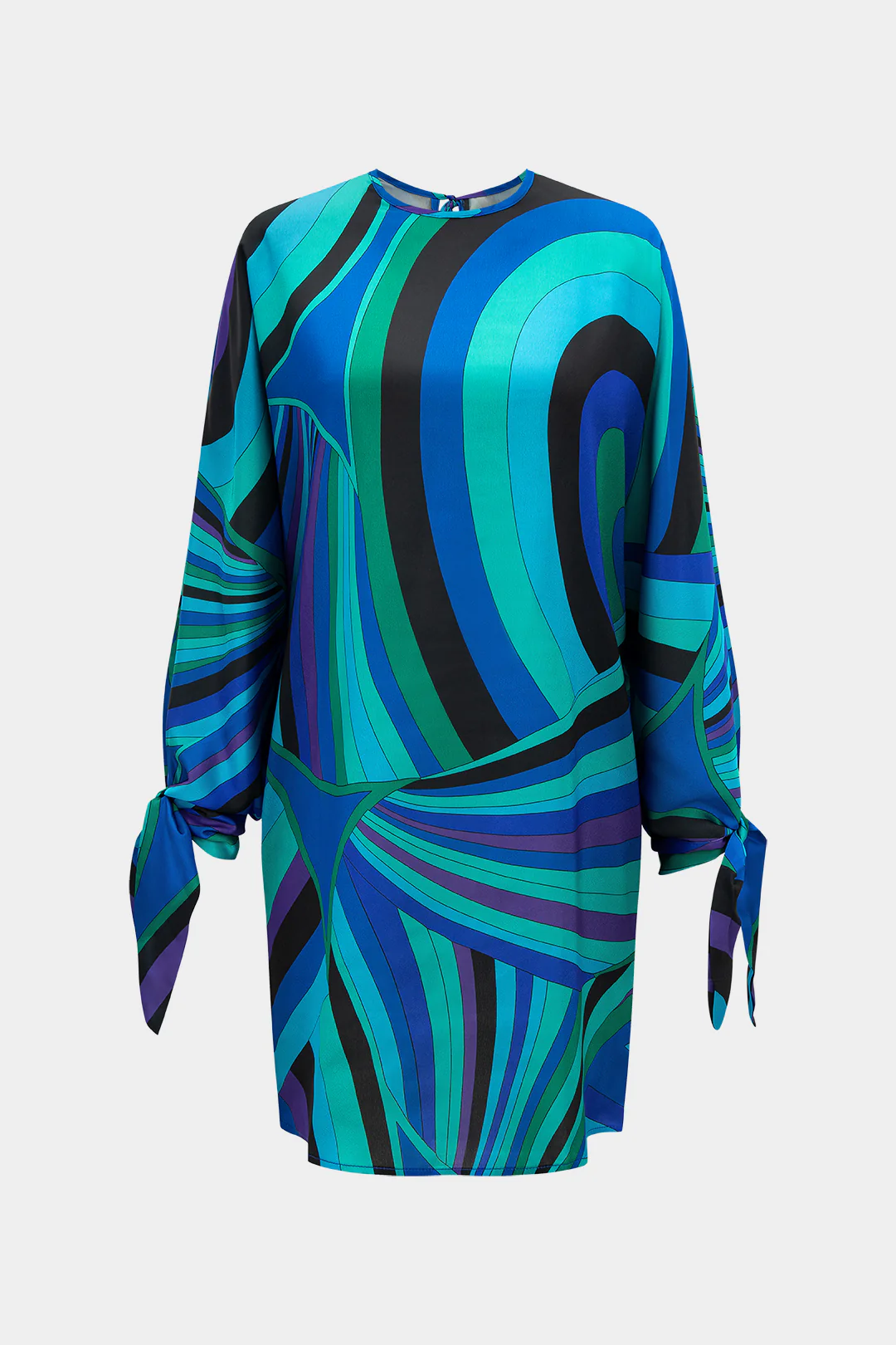 Abstract Color Block Print Tie-Up Long Sleeve Mini Dress - Weenar