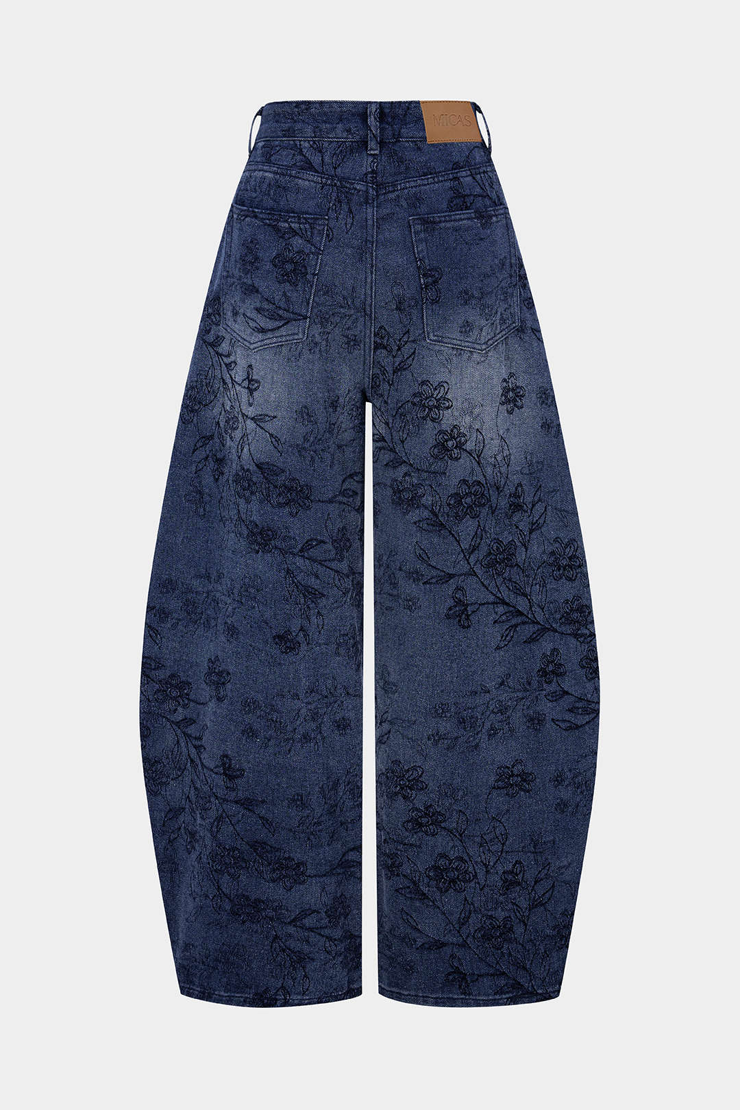 Denim Floral Print Zipper Barrel Jeans - Weenar