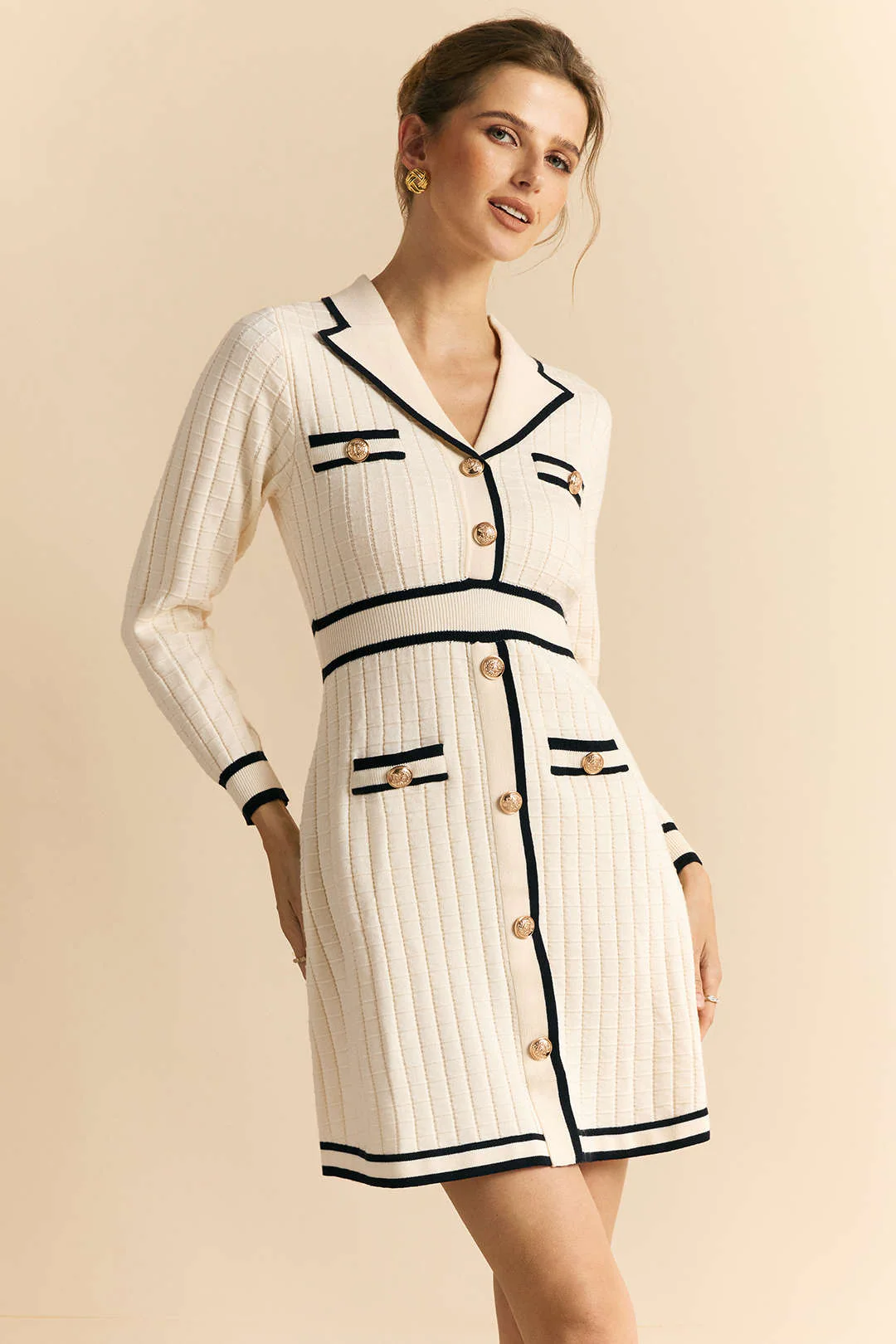 Knit Contrast Metallic Button Long Sleeve Dress - Weenar