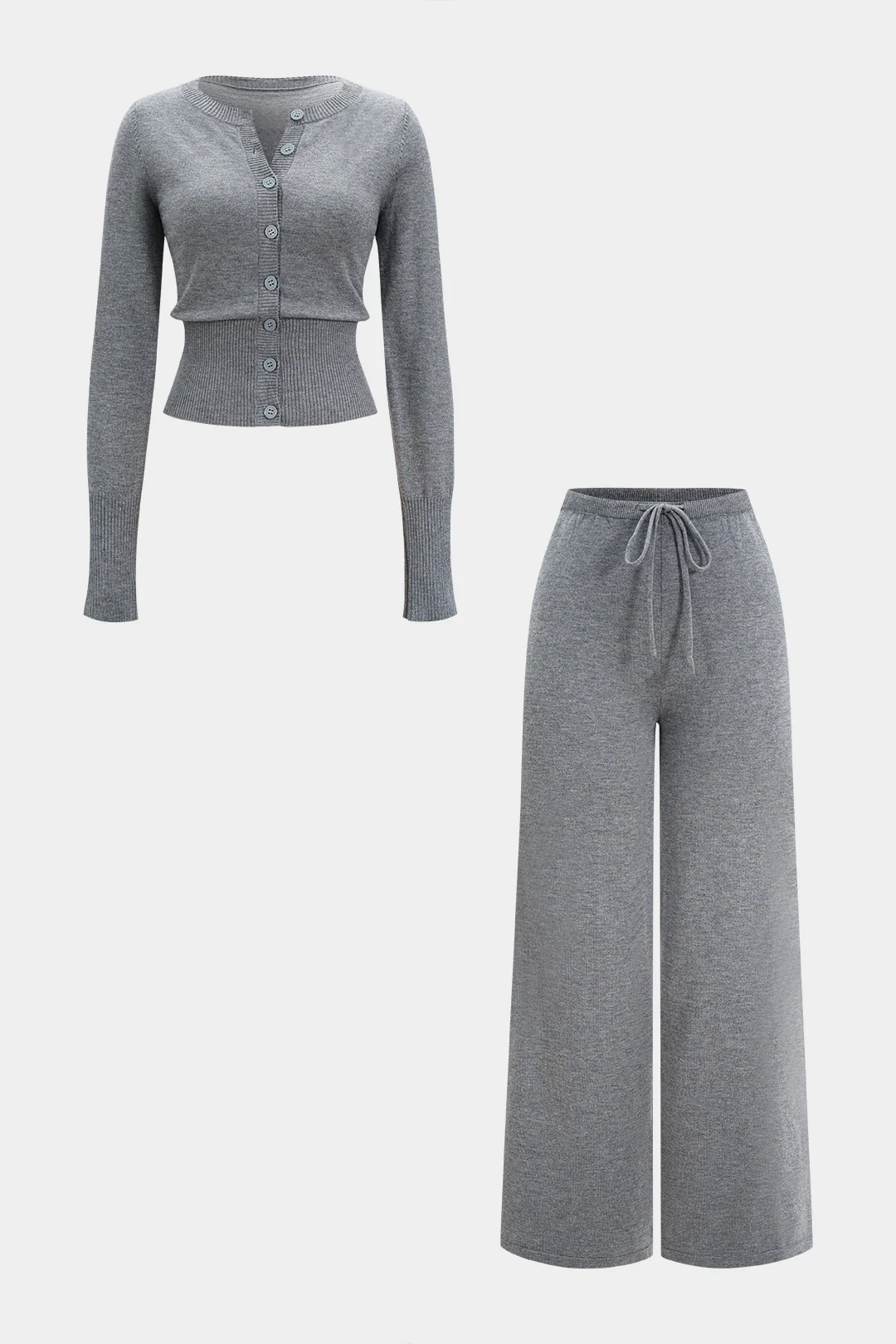 Knit Round Neck Button Cardigan And Tie-Up Wide Leg Pants Set - Weenar