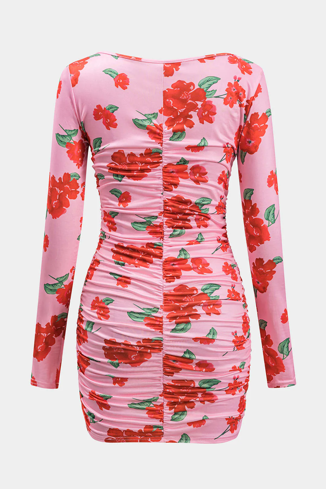 Floral Print Square Neck Ruched Long Sleeve Mini Dress - Weenar