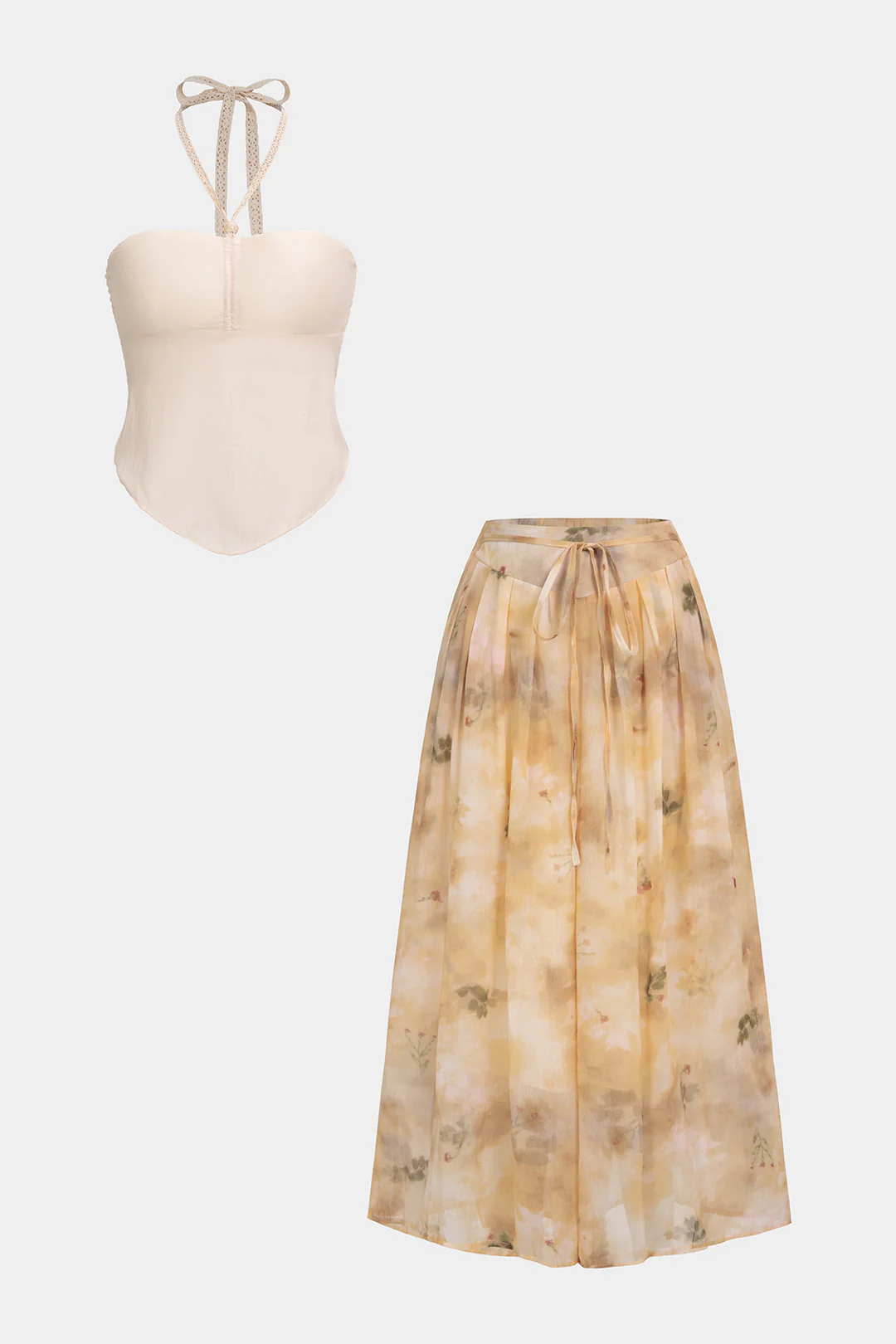 Halter Neck Tie Back Cami Top And Floral Print Wide Leg Pants - Weenar
