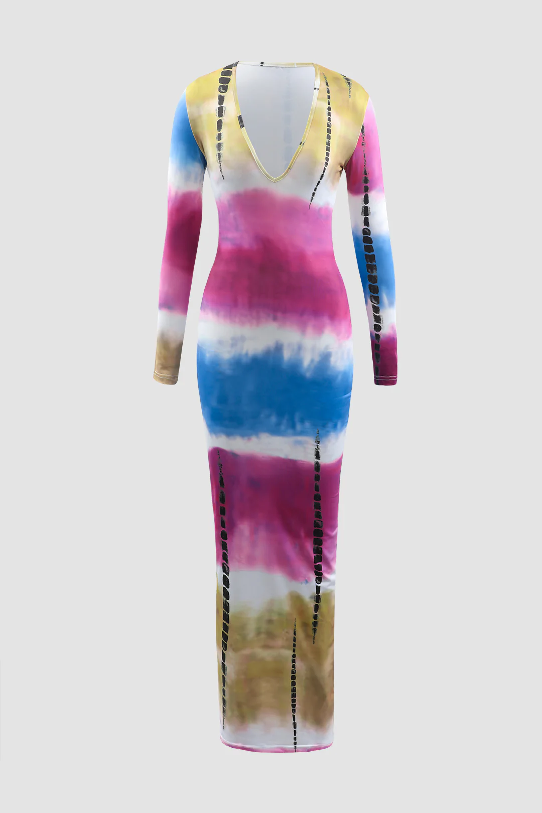 Contrast Print V-Neck Long Sleeve Maxi Dress - Weenar