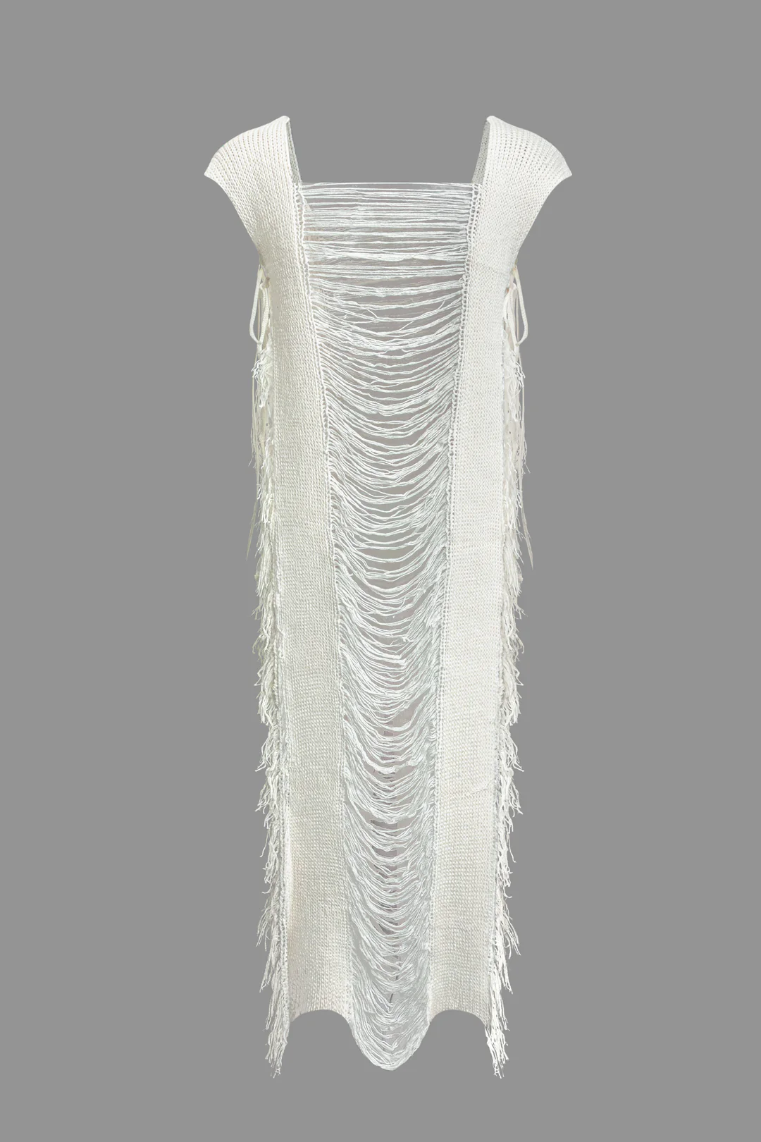 Knit Fringe Cut Out Ripped Sleeveless Dress - Weenar